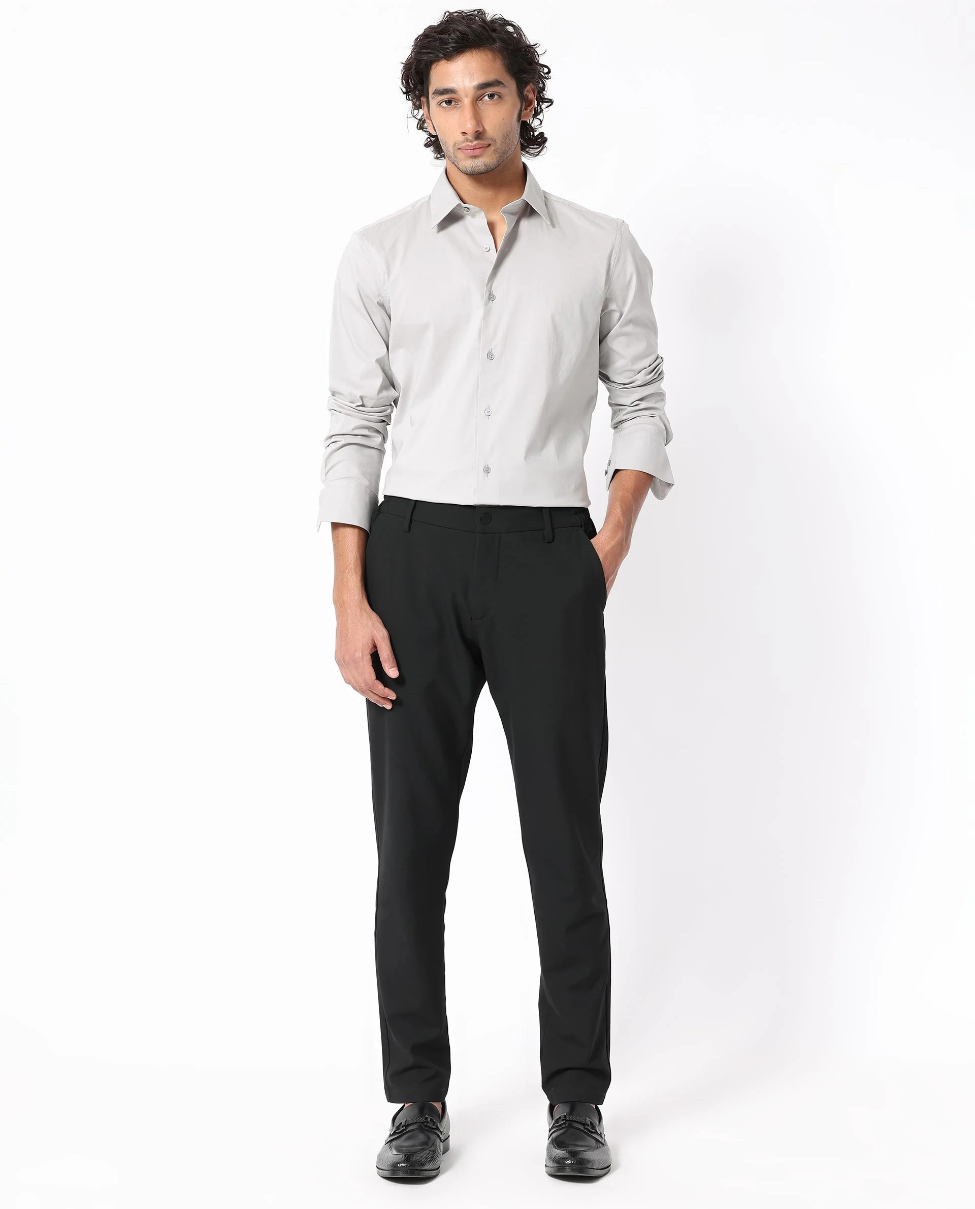 Rare Rabbit Men's Benedict Light Grey Cotton Plain Regular Fit Full Sleeve Collared Shirt - Image 2
