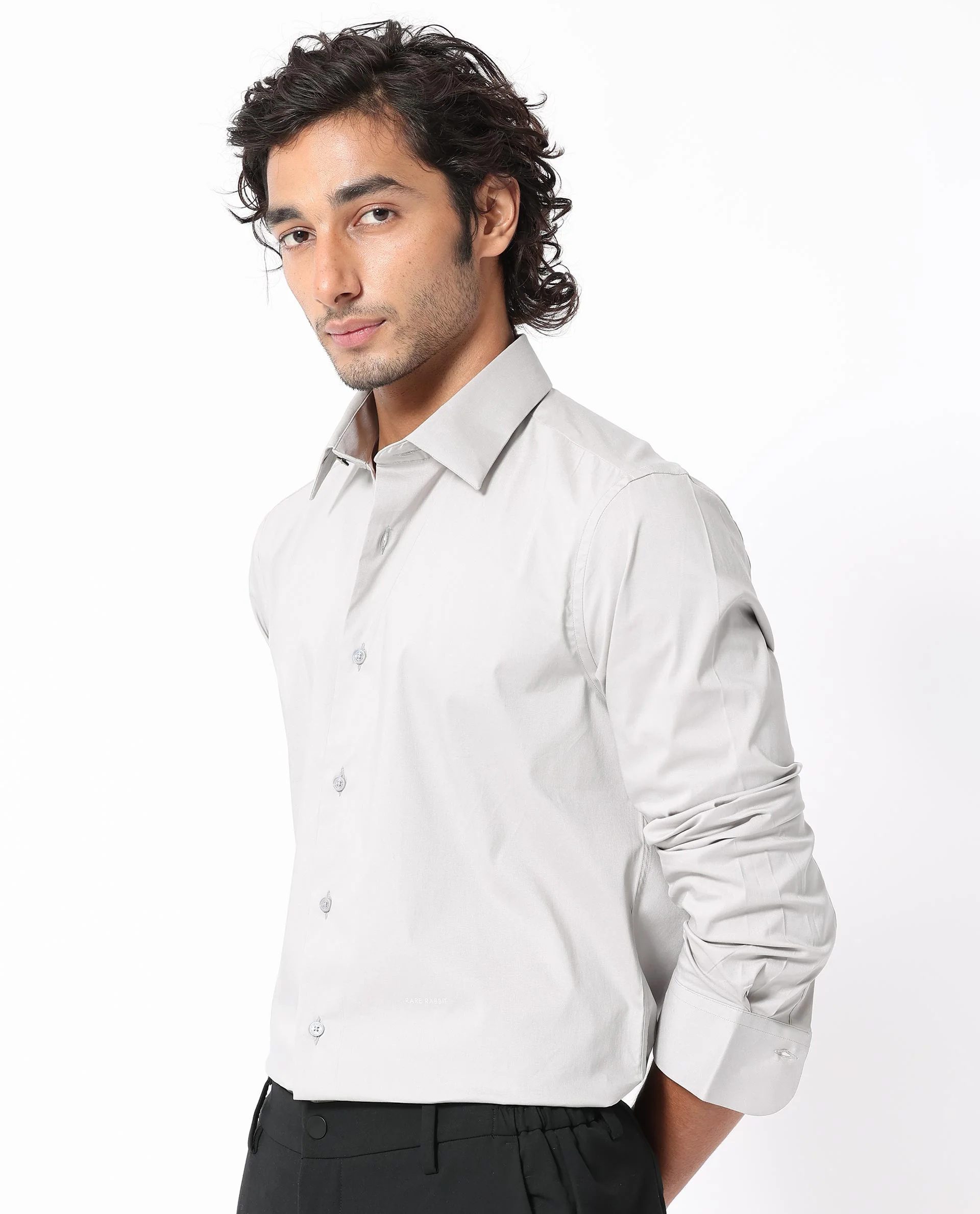 Rare Rabbit Men's Benedict Light Grey Cotton Plain Regular Fit Full Sleeve Collared Shirt - Image 6
