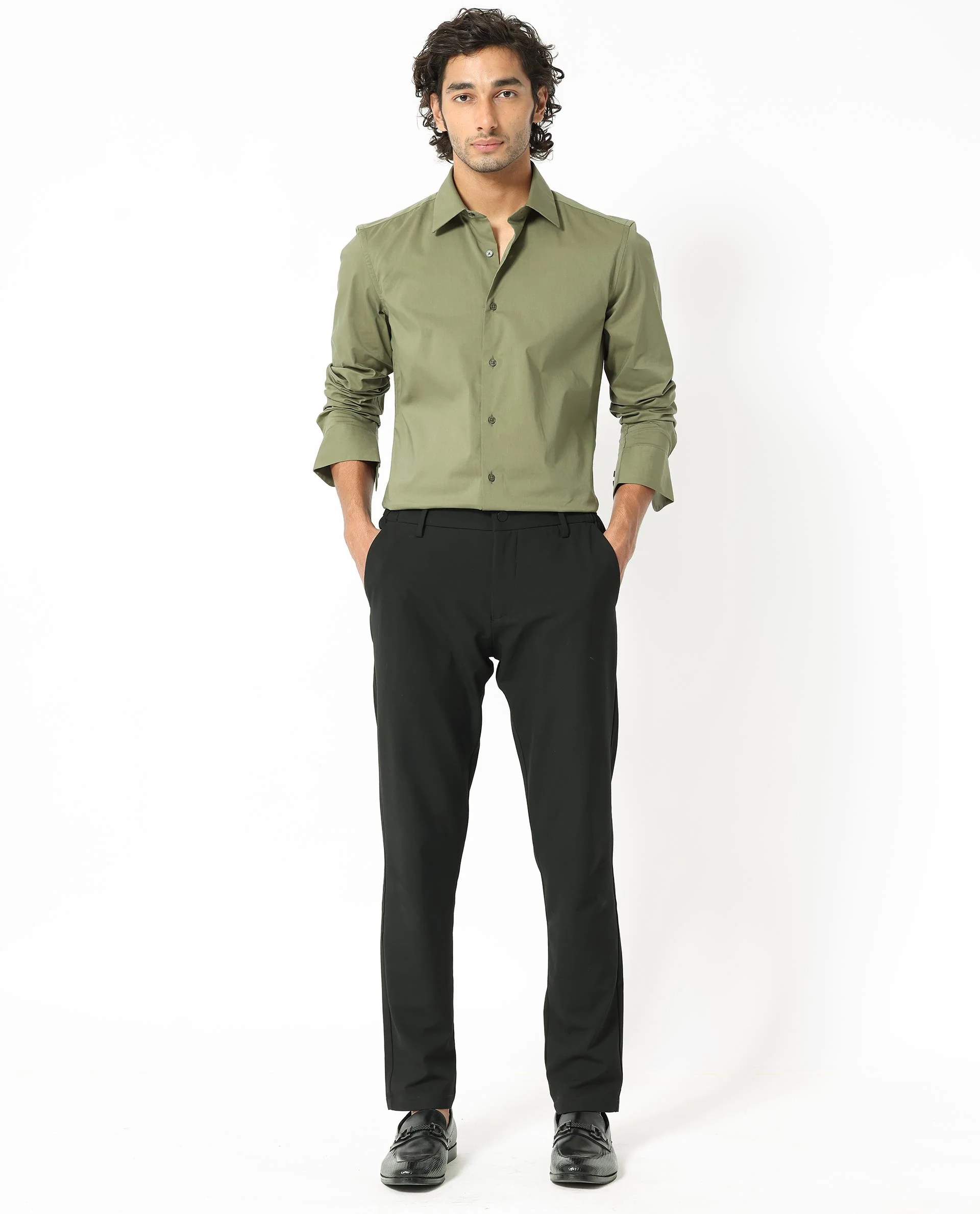 Rare Rabbit Men's Benedict Light Olive Cotton Plain Regular Fit Full Sleeve Collared Shirt - Image 2