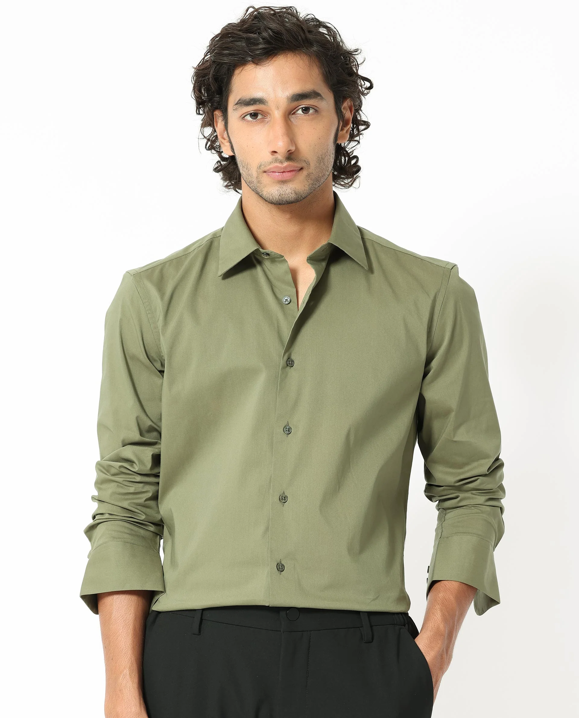 Rare Rabbit Men's Benedict Light Olive Cotton Plain Regular Fit Full Sleeve Collared Shirt - Image 3