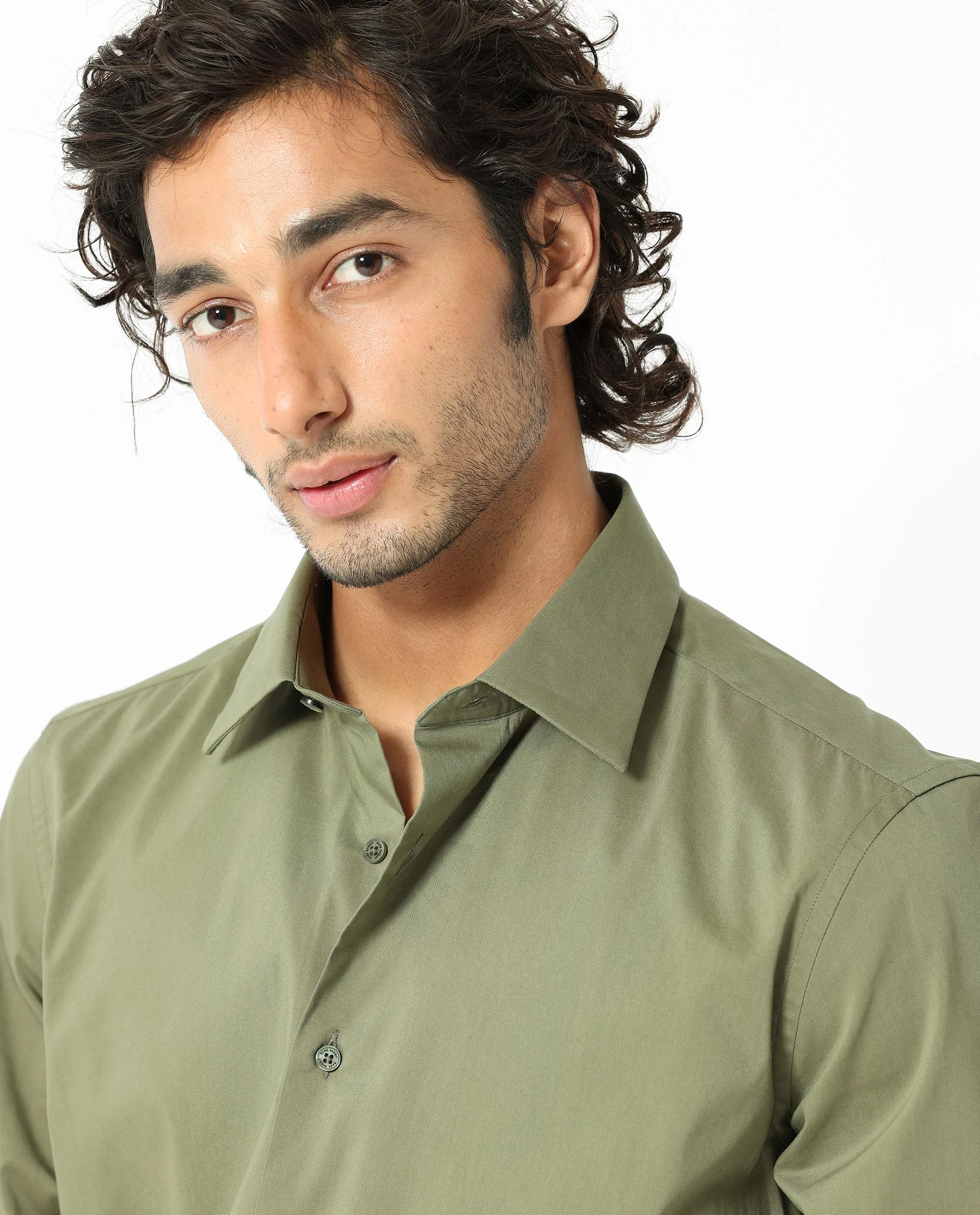 Rare Rabbit Men's Benedict Light Olive Cotton Plain Regular Fit Full Sleeve Collared Shirt - Image 4