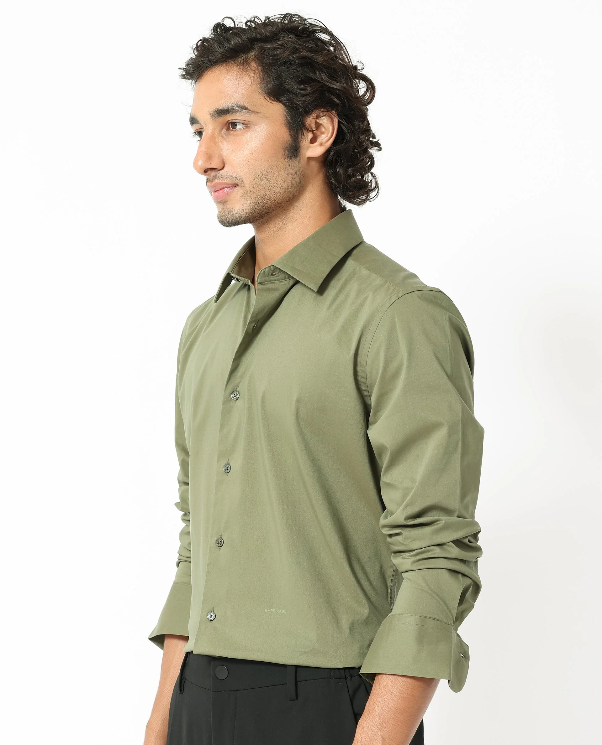 Rare Rabbit Men's Benedict Light Olive Cotton Plain Regular Fit Full Sleeve Collared Shirt - Image 6