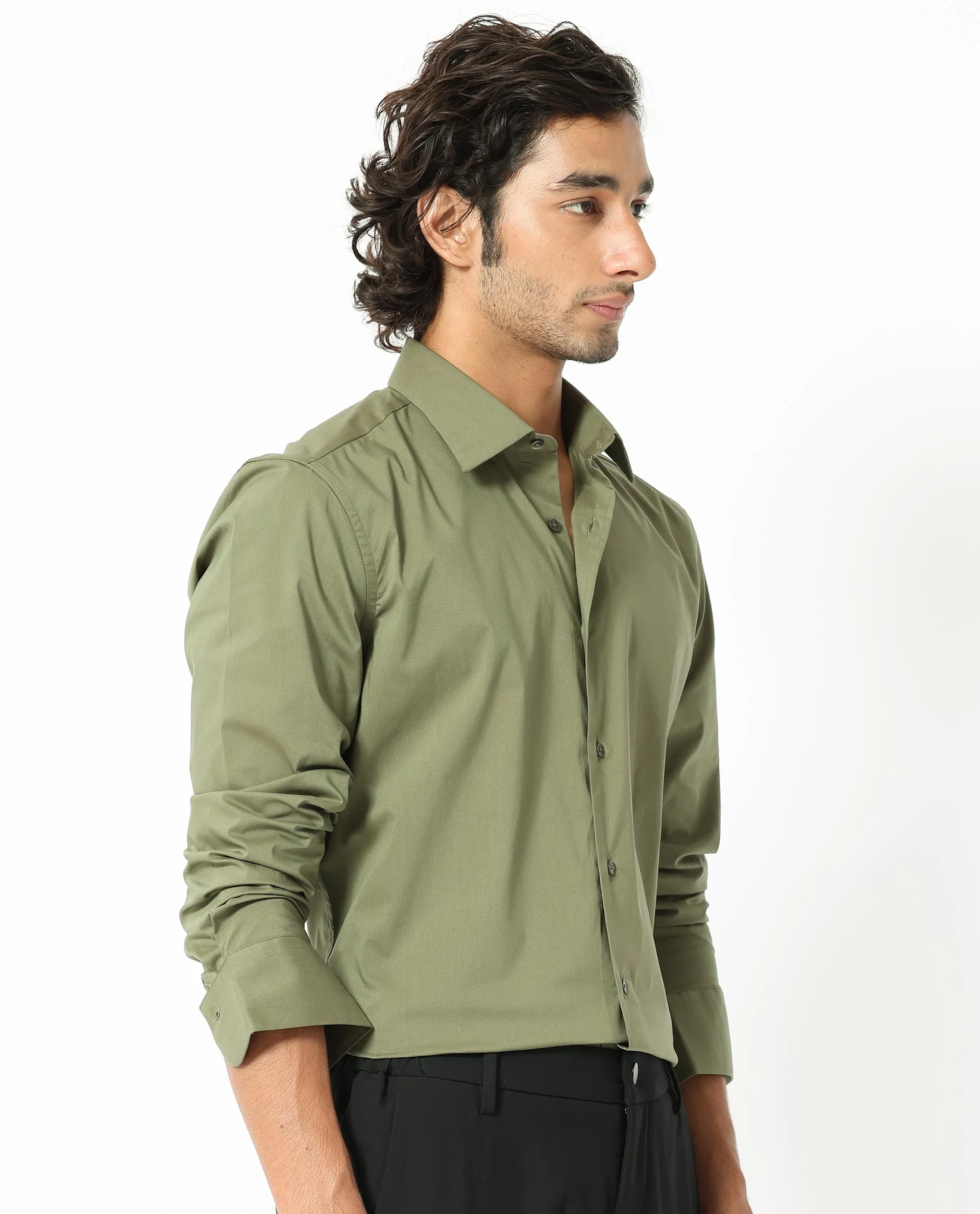 Rare Rabbit Men's Benedict Light Olive Cotton Plain Regular Fit Full Sleeve Collared Shirt - Image 7