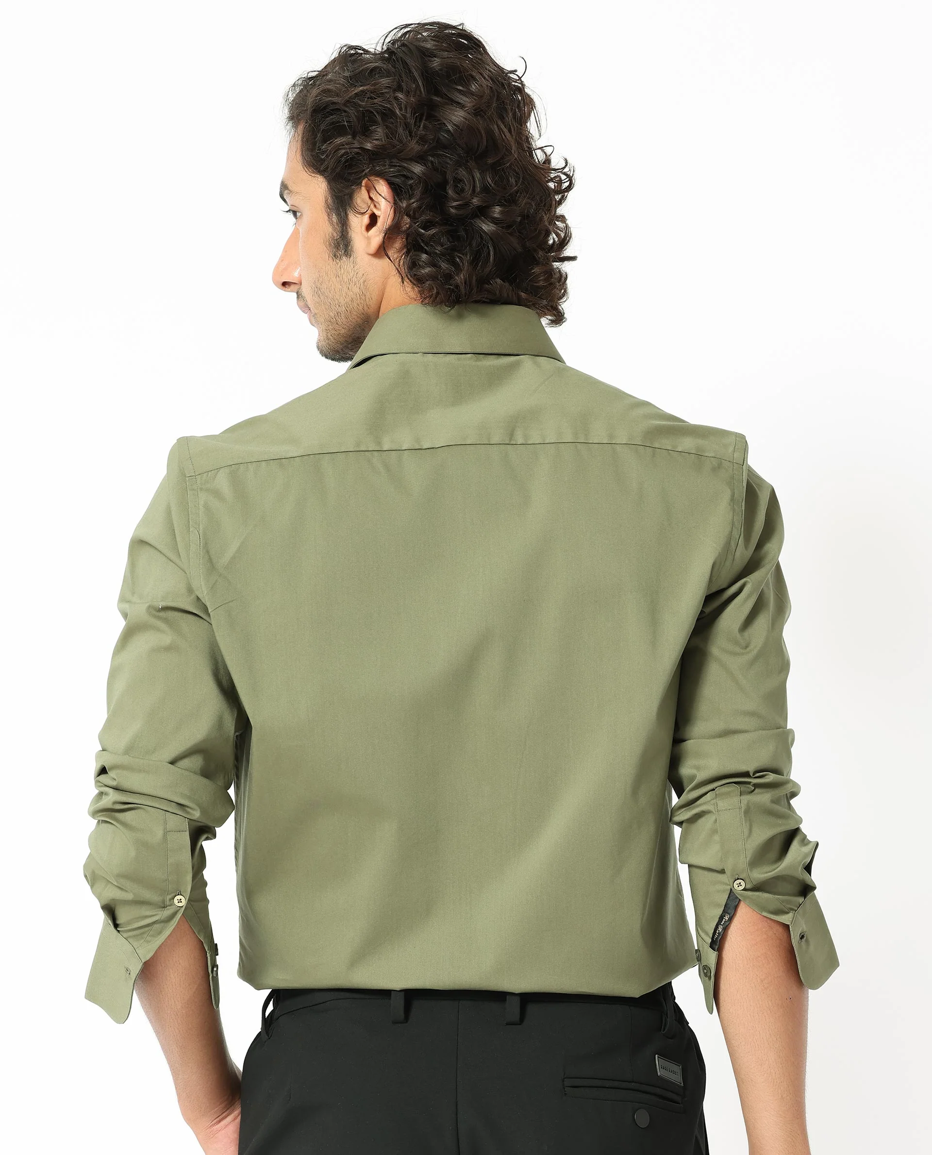 Rare Rabbit Men's Benedict Light Olive Cotton Plain Regular Fit Full Sleeve Collared Shirt - Image 9