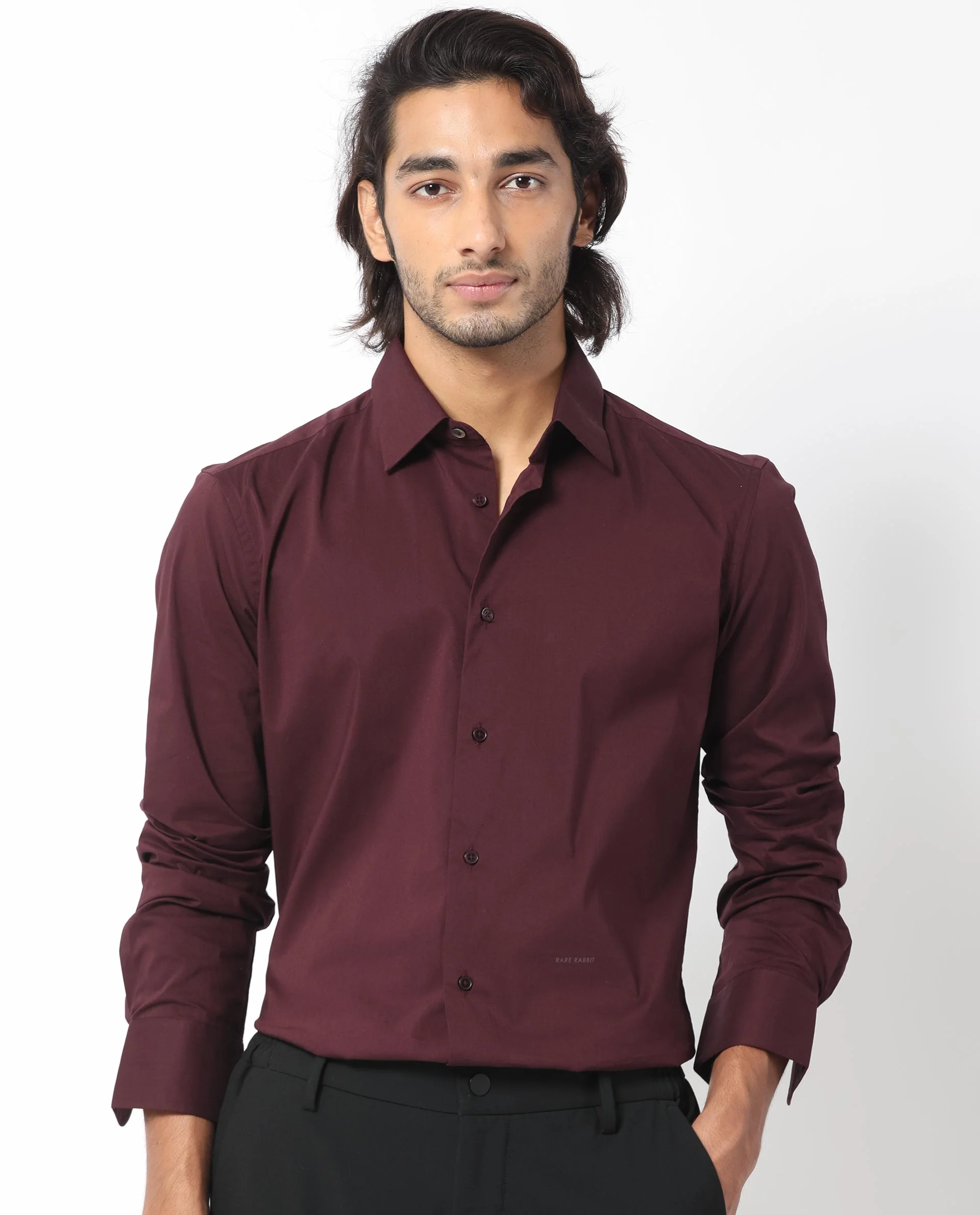 Rare Rabbit Men's Benedict Maroon Cotton Plain Regular Fit Full Sleeve Collared Shirt