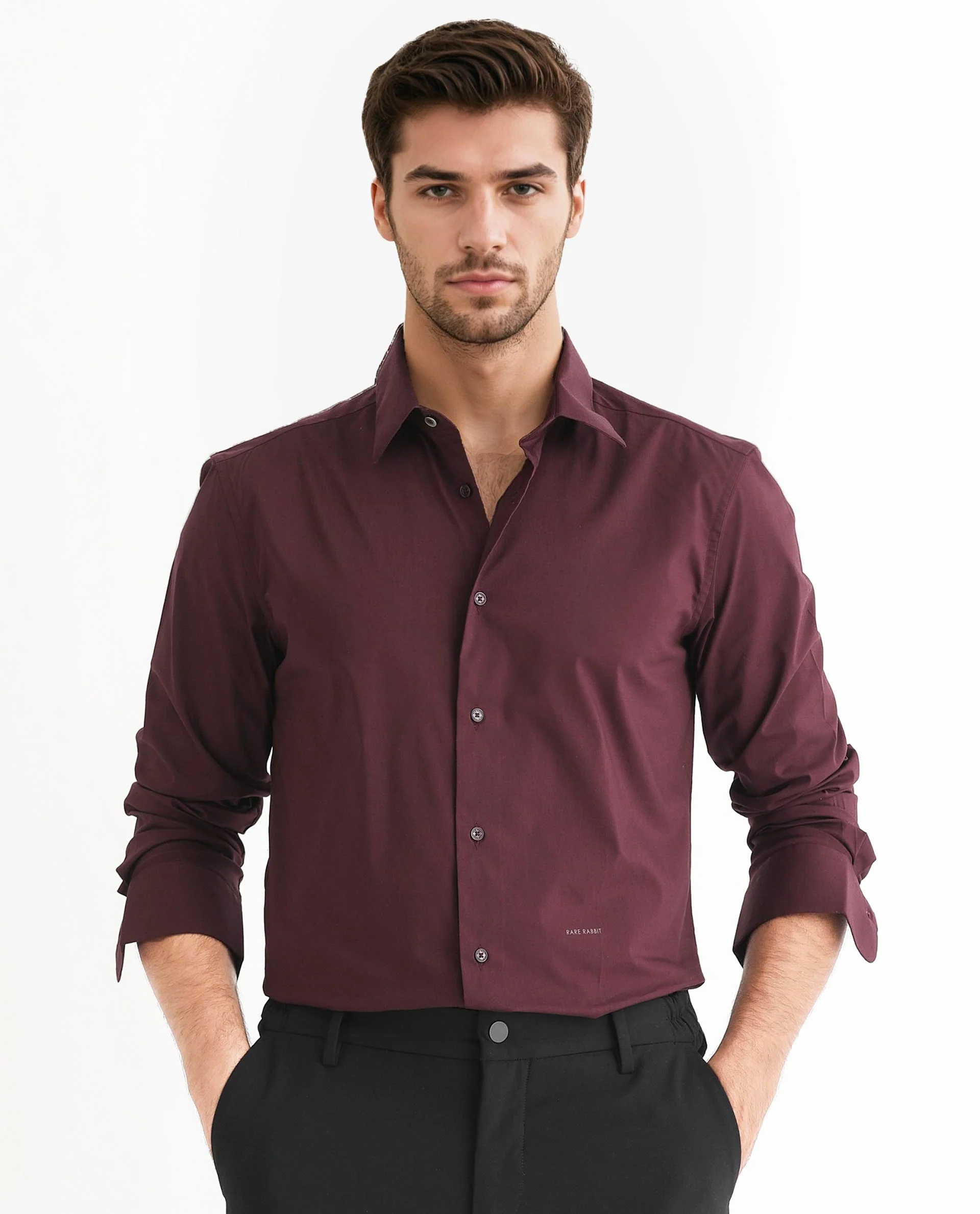 Rare Rabbit Men's Benedict Maroon Cotton Plain Regular Fit Full Sleeve Collared Shirt - Image 2