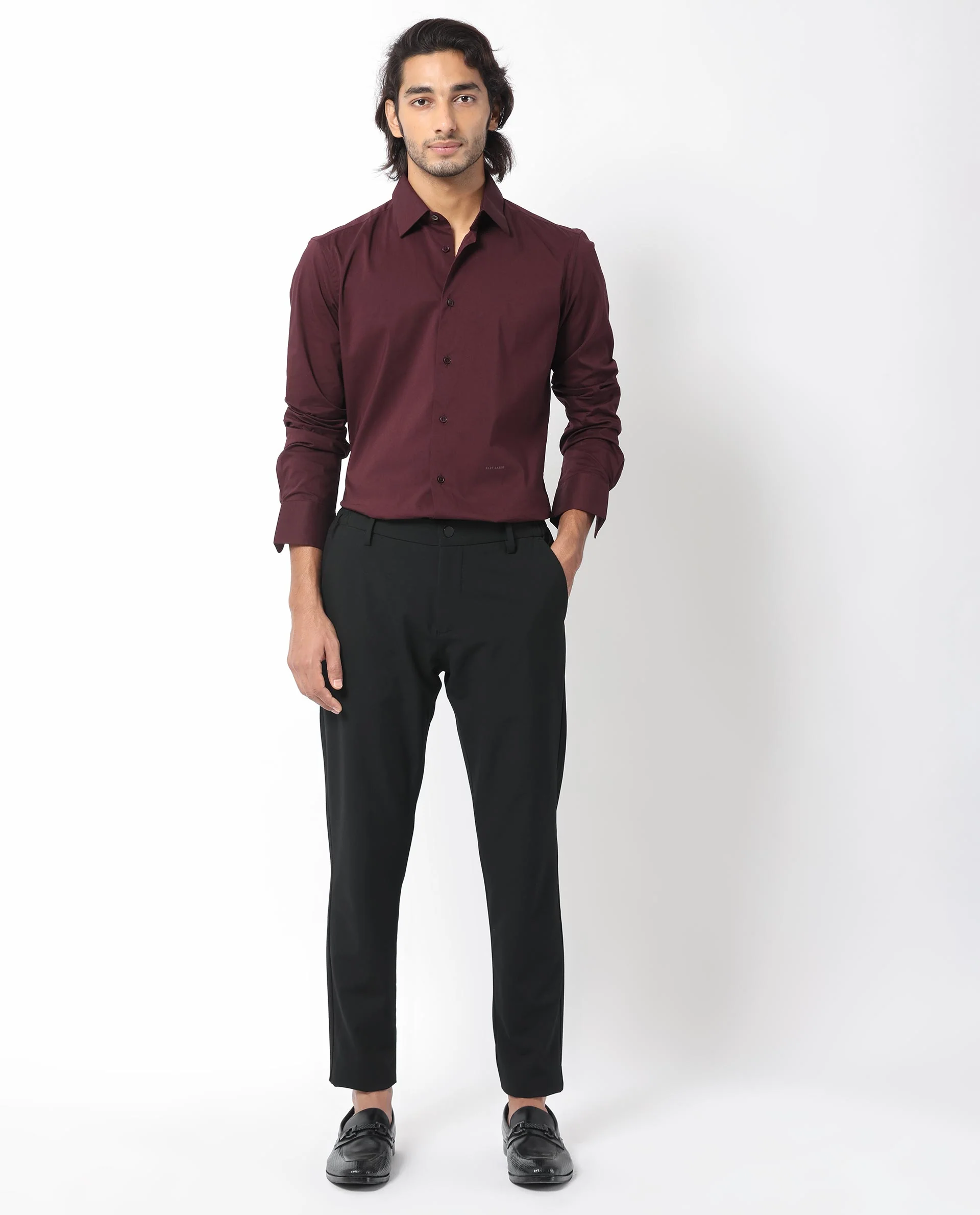 Rare Rabbit Men's Benedict Maroon Cotton Plain Regular Fit Full Sleeve Collared Shirt - Image 3