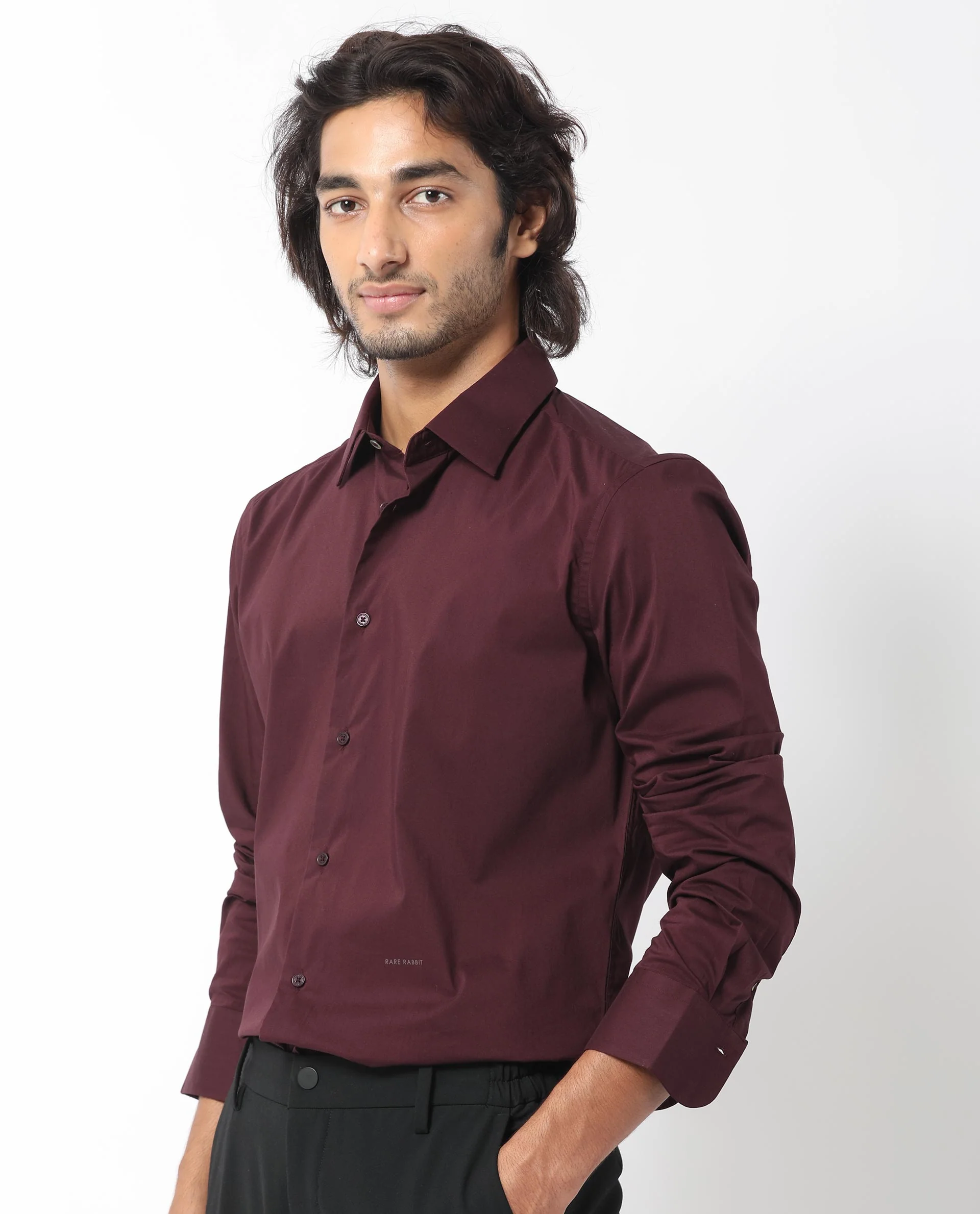 Rare Rabbit Men's Benedict Maroon Cotton Plain Regular Fit Full Sleeve Collared Shirt - Image 4