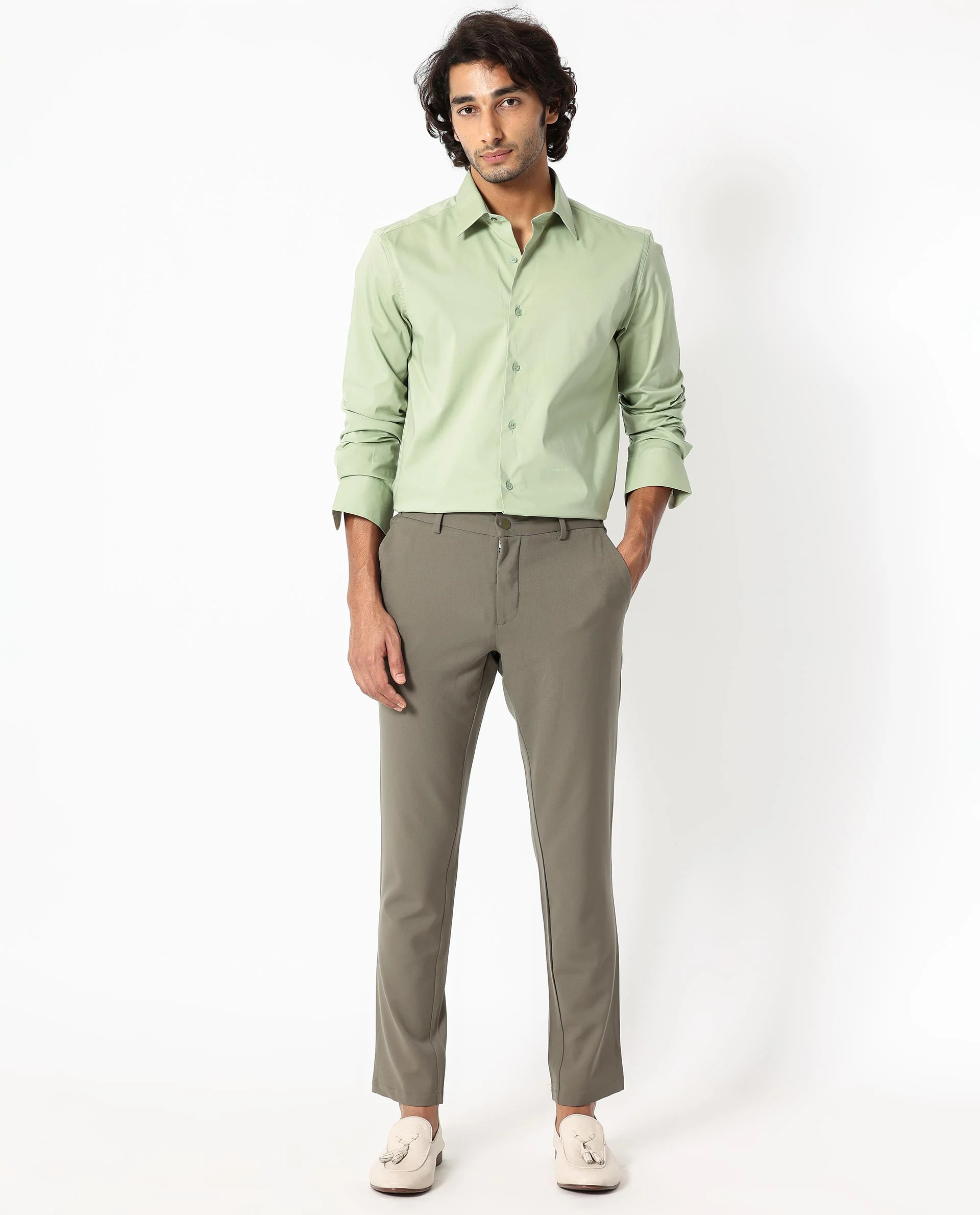 Rare Rabbit Men's Benedict Pastel Green Cotton Plain Regular Fit Full Sleeve Collared Shirt - Image 2