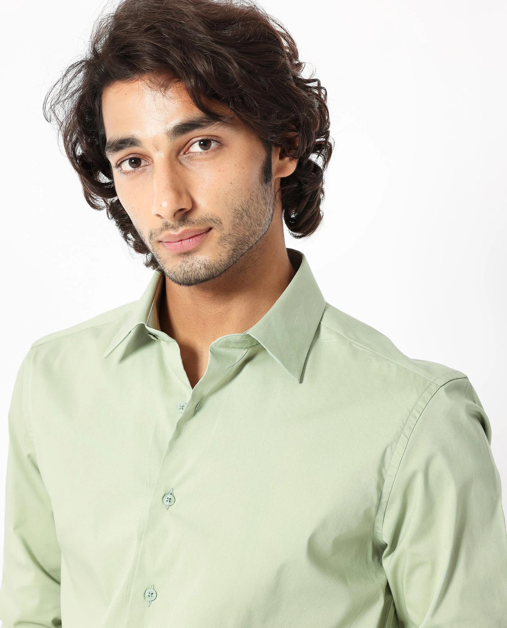 Rare Rabbit Men's Benedict Pastel Green Cotton Plain Regular Fit Full Sleeve Collared Shirt - Image 4