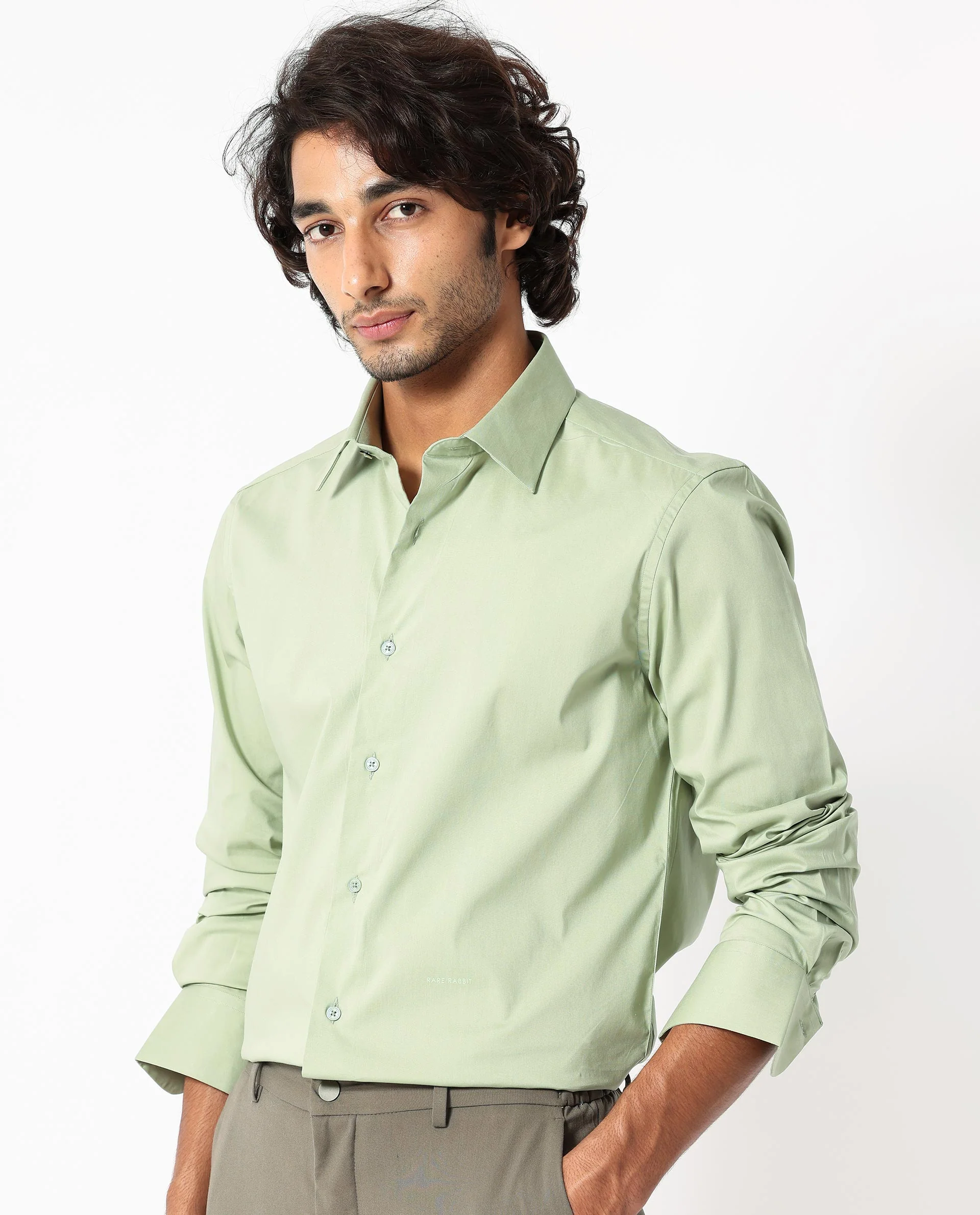 Rare Rabbit Men's Benedict Pastel Green Cotton Plain Regular Fit Full Sleeve Collared Shirt - Image 6