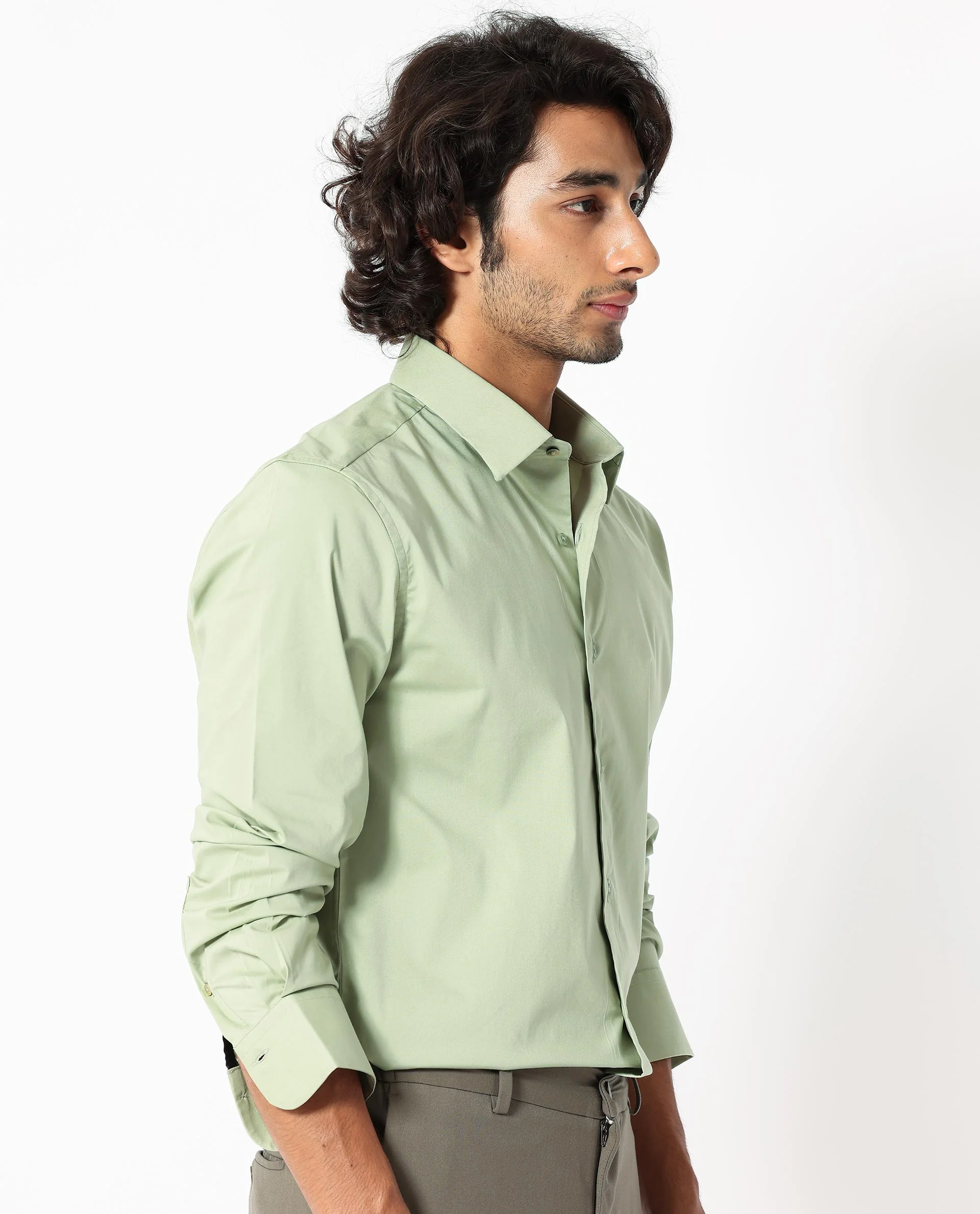 Rare Rabbit Men's Benedict Pastel Green Cotton Plain Regular Fit Full Sleeve Collared Shirt - Image 7