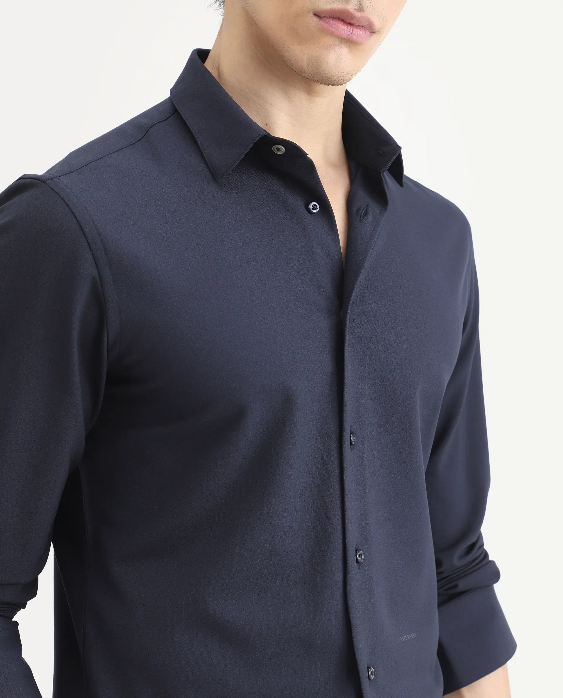 Rare Rabbit Men's Benee Dark Navy Polyester Blend Fabric Full Sleeve Spread Collar Regular Fit Plain Shirt - Image 3