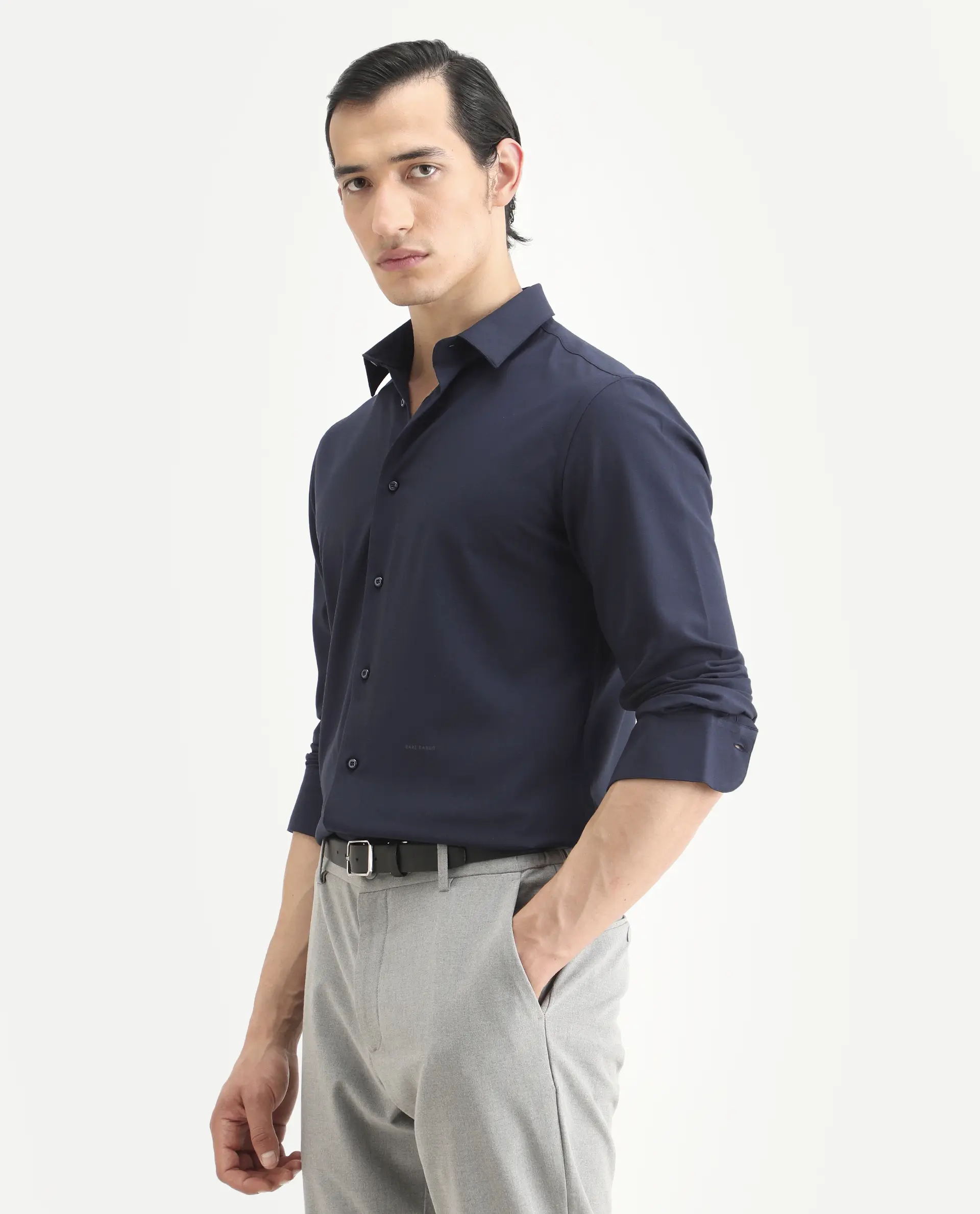 Rare Rabbit Men's Benee Dark Navy Polyester Blend Fabric Full Sleeve Spread Collar Regular Fit Plain Shirt - Image 4