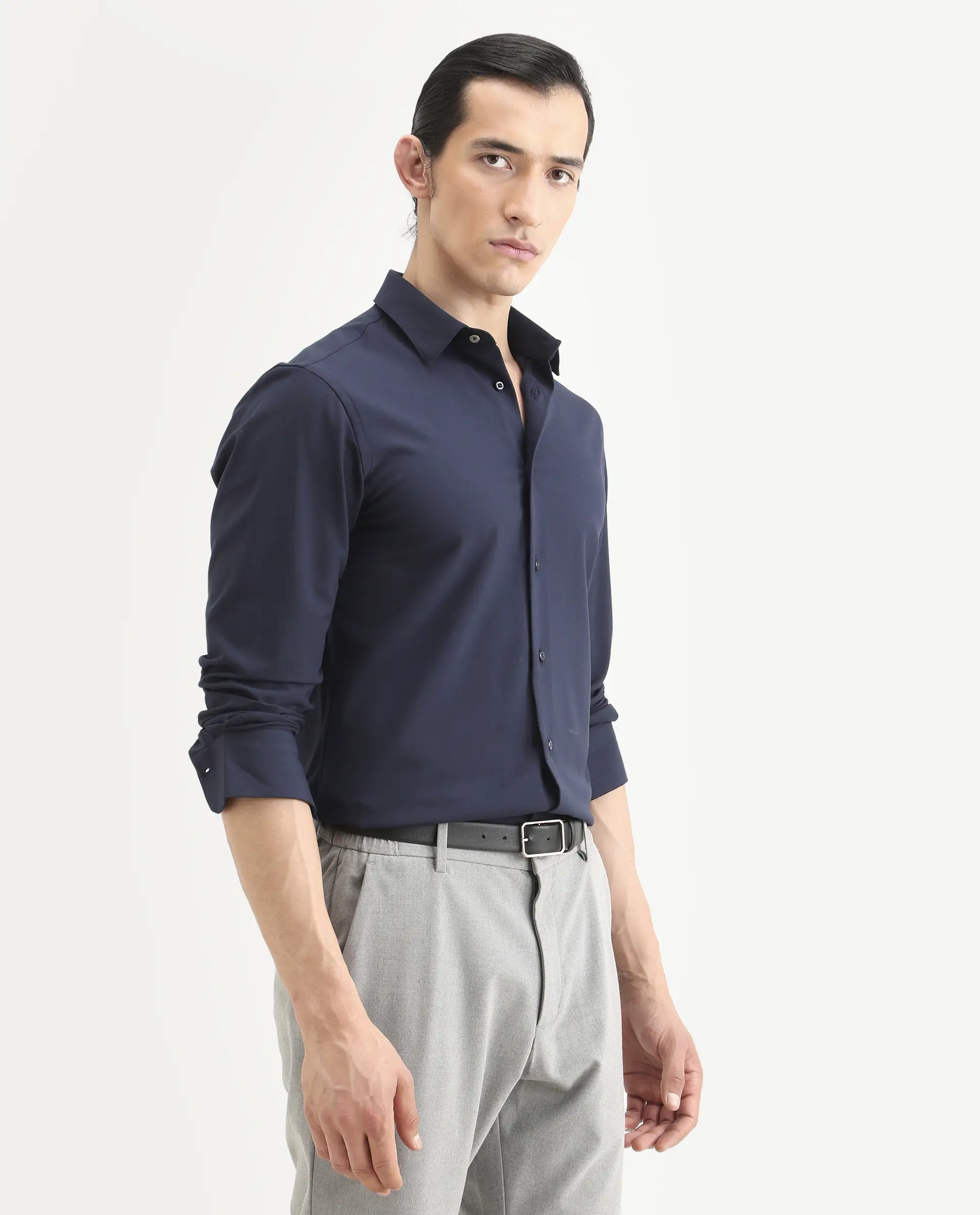 Rare Rabbit Men's Benee Dark Navy Polyester Blend Fabric Full Sleeve Spread Collar Regular Fit Plain Shirt - Image 5