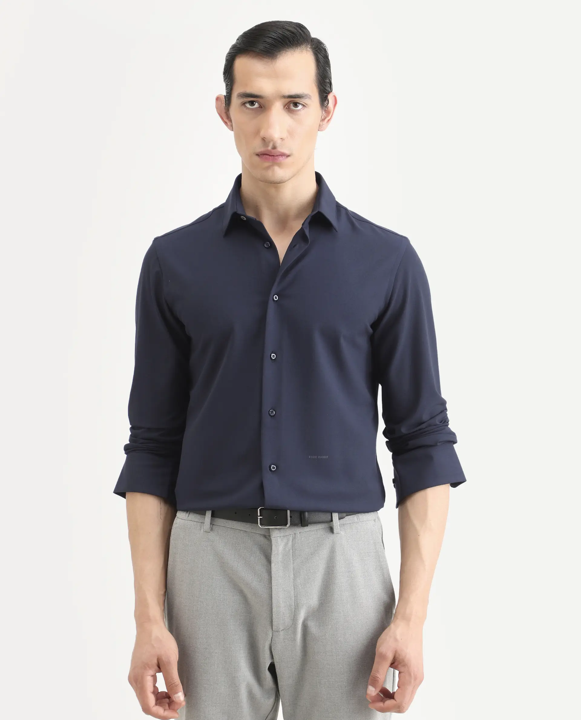 Rare Rabbit Men's Benee Dark Navy Polyester Blend Fabric Full Sleeve Spread Collar Regular Fit Plain Shirt - Image 6