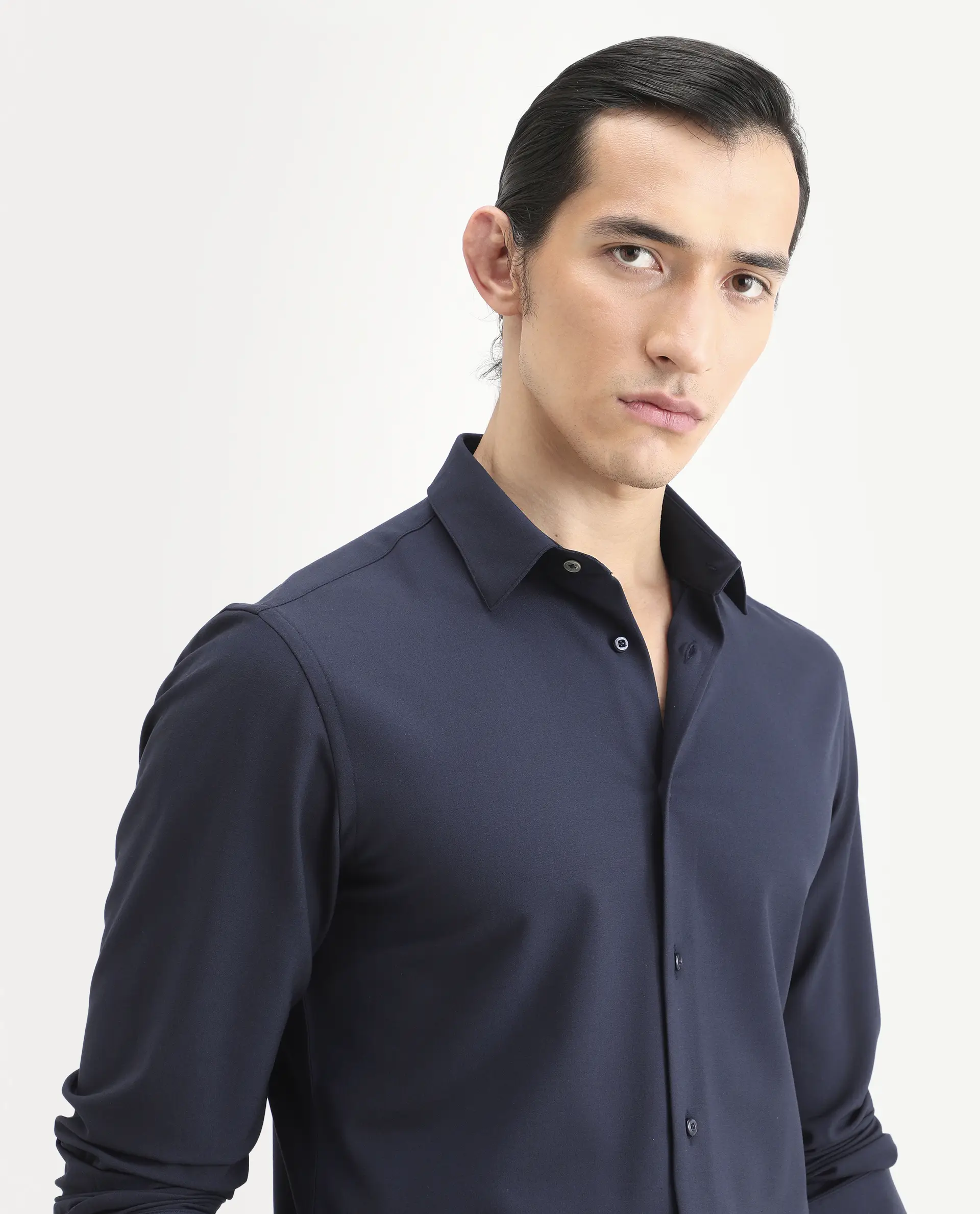 Rare Rabbit Men's Benee Dark Navy Polyester Blend Fabric Full Sleeve Spread Collar Regular Fit Plain Shirt - Image 7