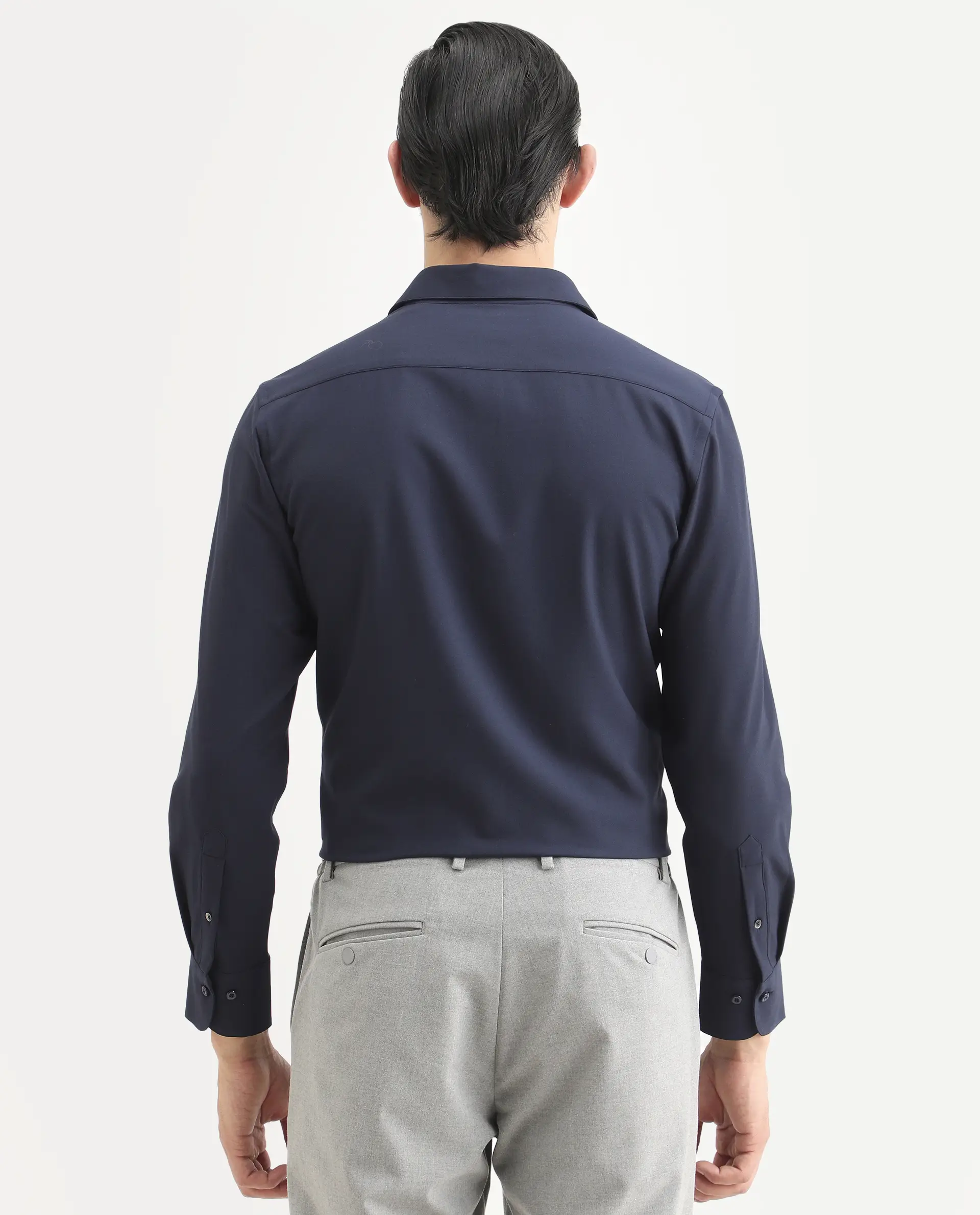Rare Rabbit Men's Benee Dark Navy Polyester Blend Fabric Full Sleeve Spread Collar Regular Fit Plain Shirt - Image 8
