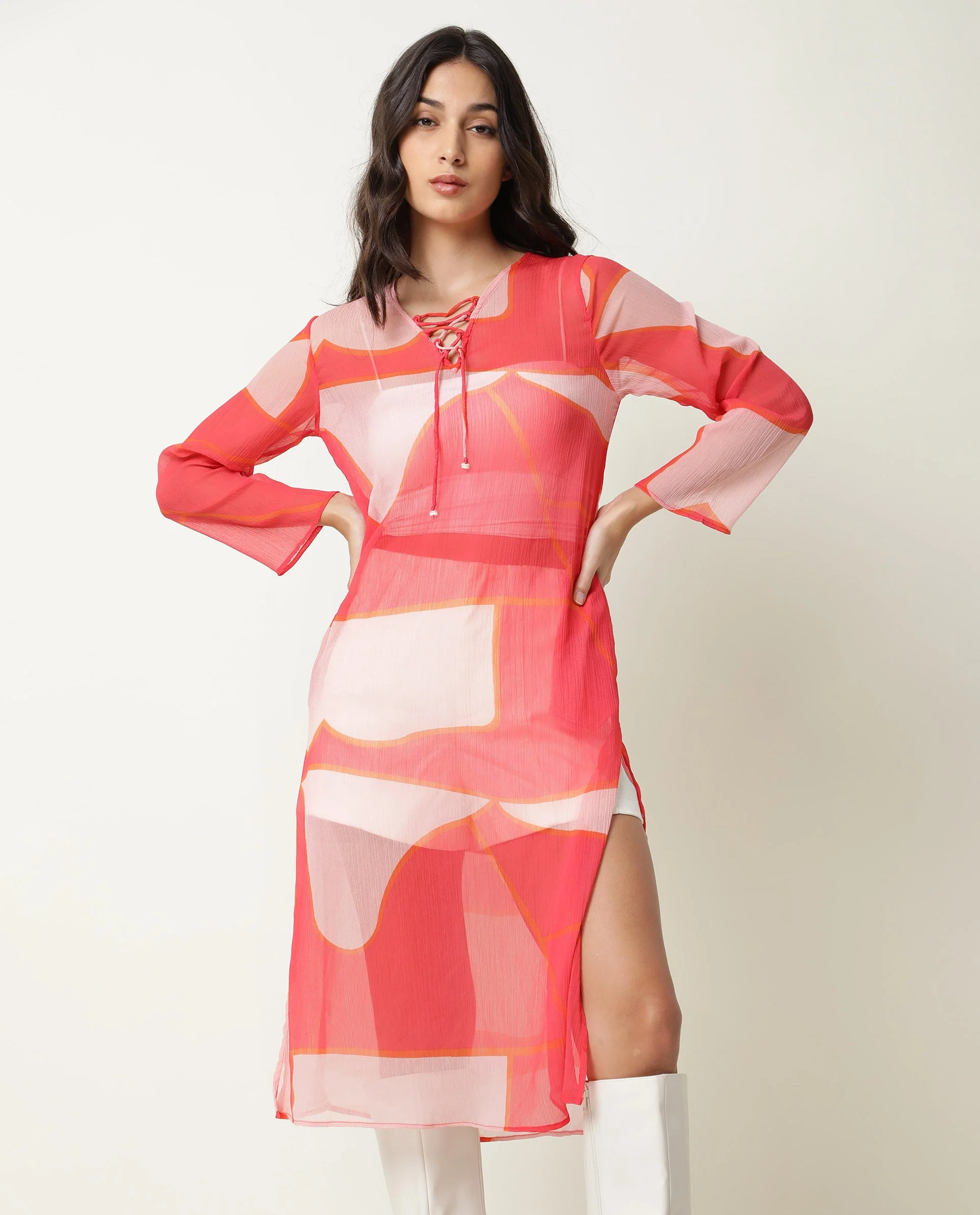 Rareism Women's Benett Pink V-Neck Abstract Print Knee Length Regular Fit Dress - Image 10