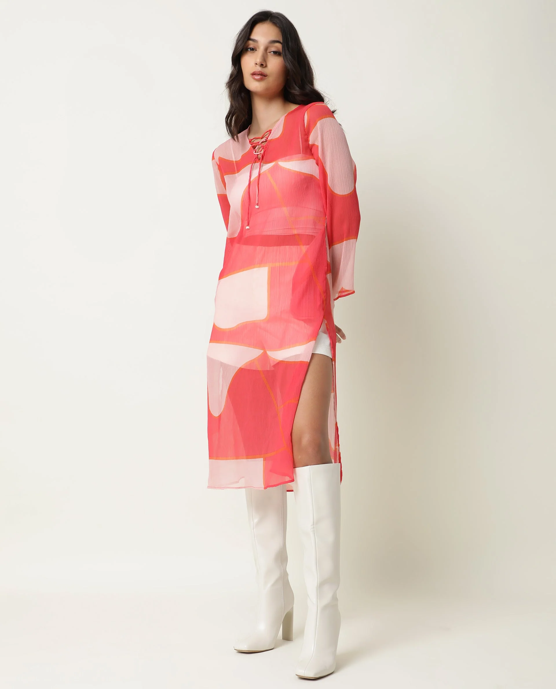 Rareism Women's Benett Pink V-Neck Abstract Print Knee Length Regular Fit Dress - Image 11