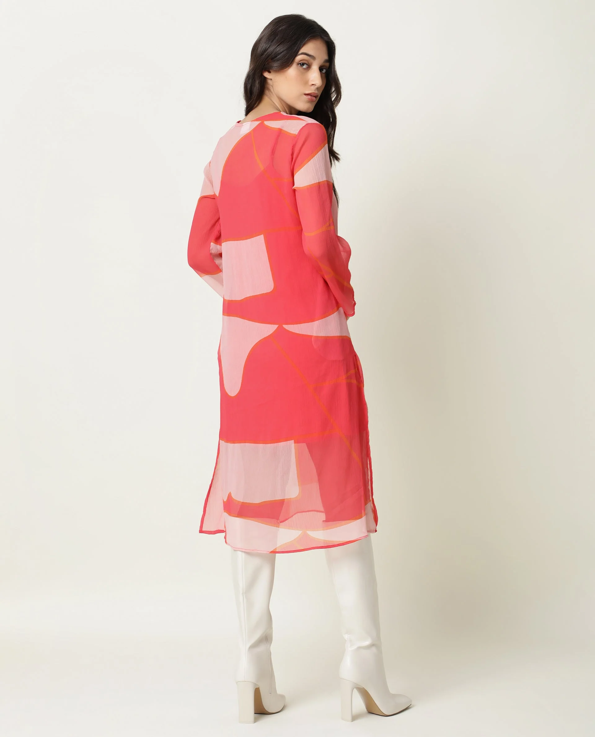 Rareism Women's Benett Pink V-Neck Abstract Print Knee Length Regular Fit Dress - Image 12