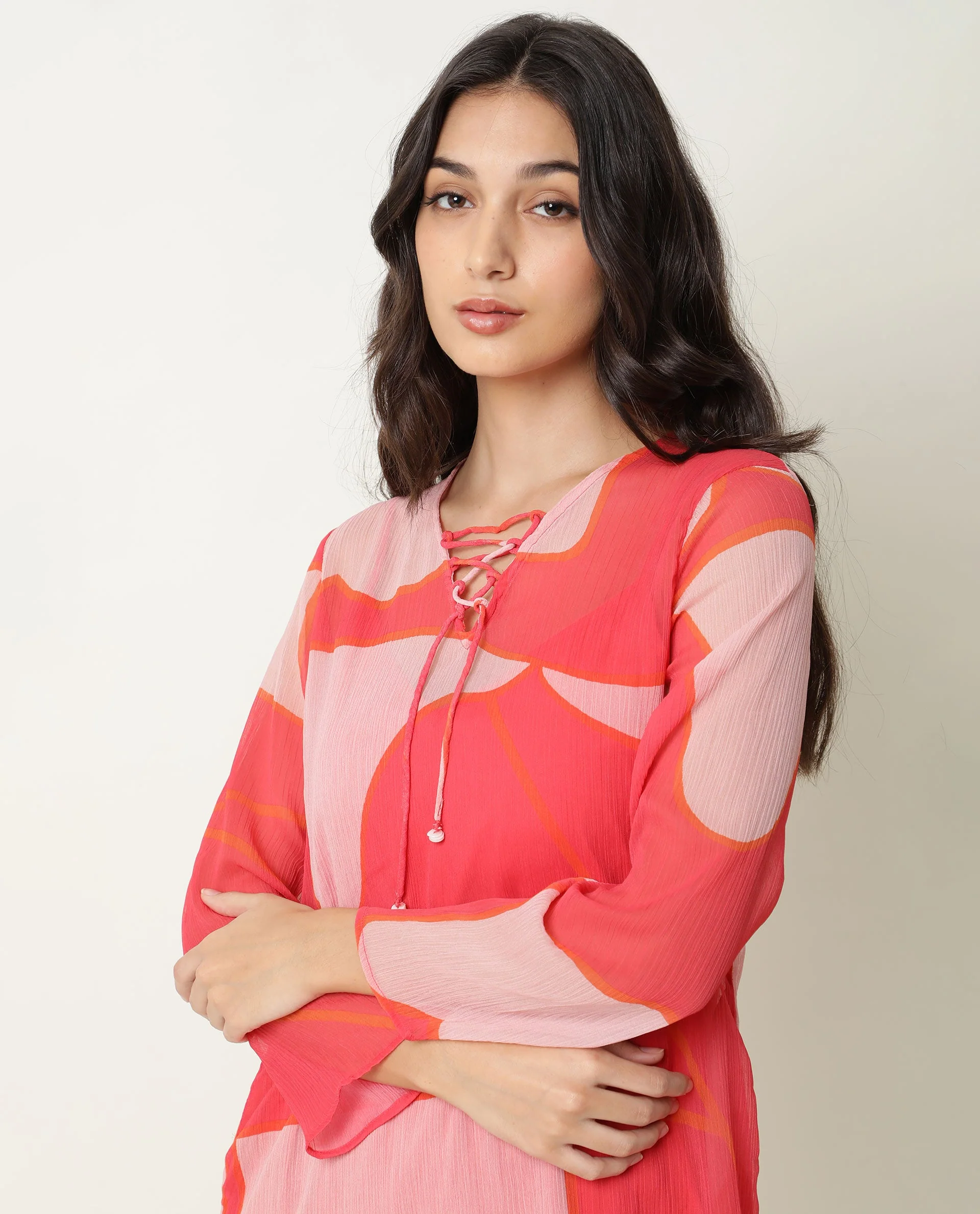 Rareism Women's Benett Pink V-Neck Abstract Print Knee Length Regular Fit Dress - Image 2
