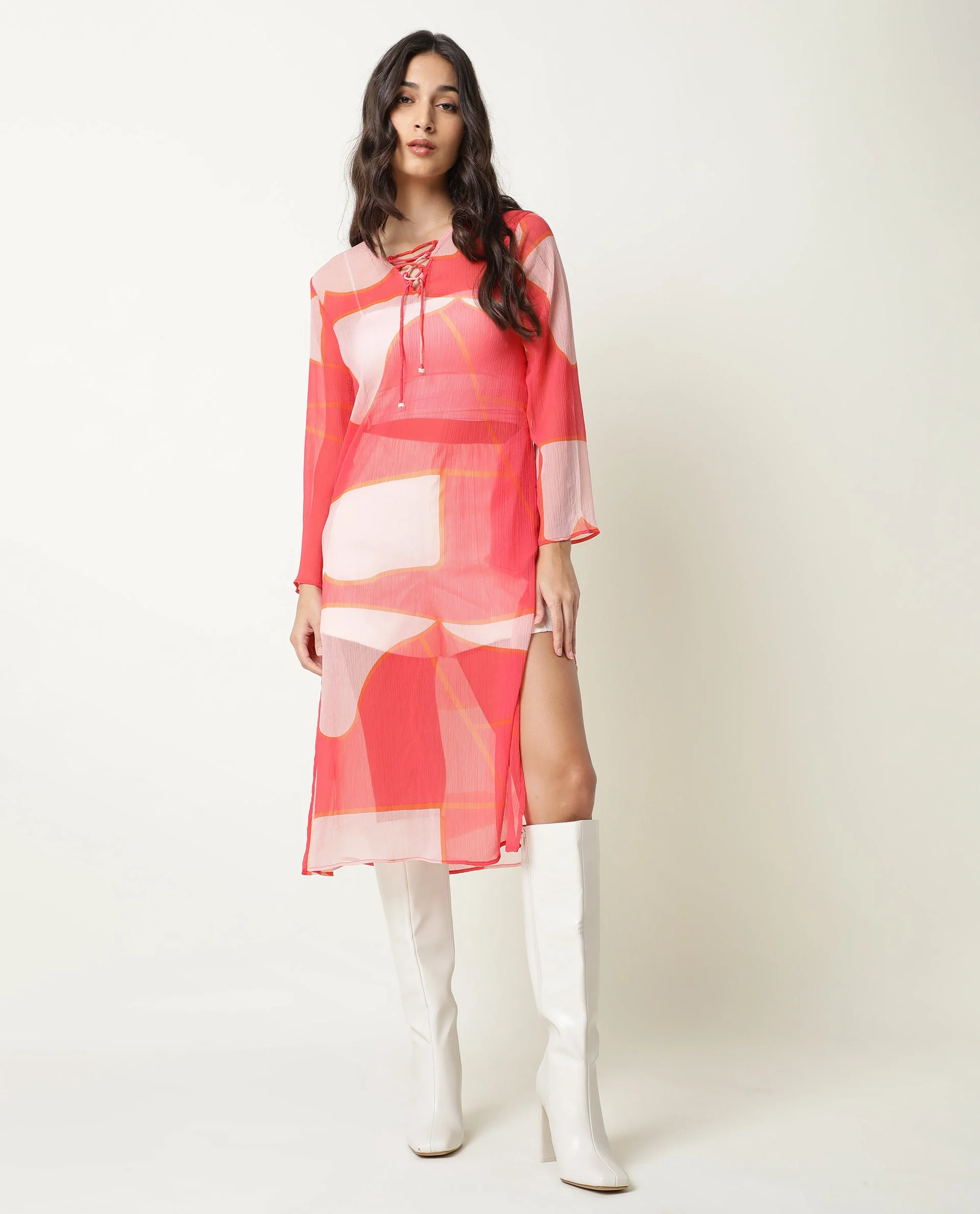 Rareism Women's Benett Pink V-Neck Abstract Print Knee Length Regular Fit Dress - Image 3