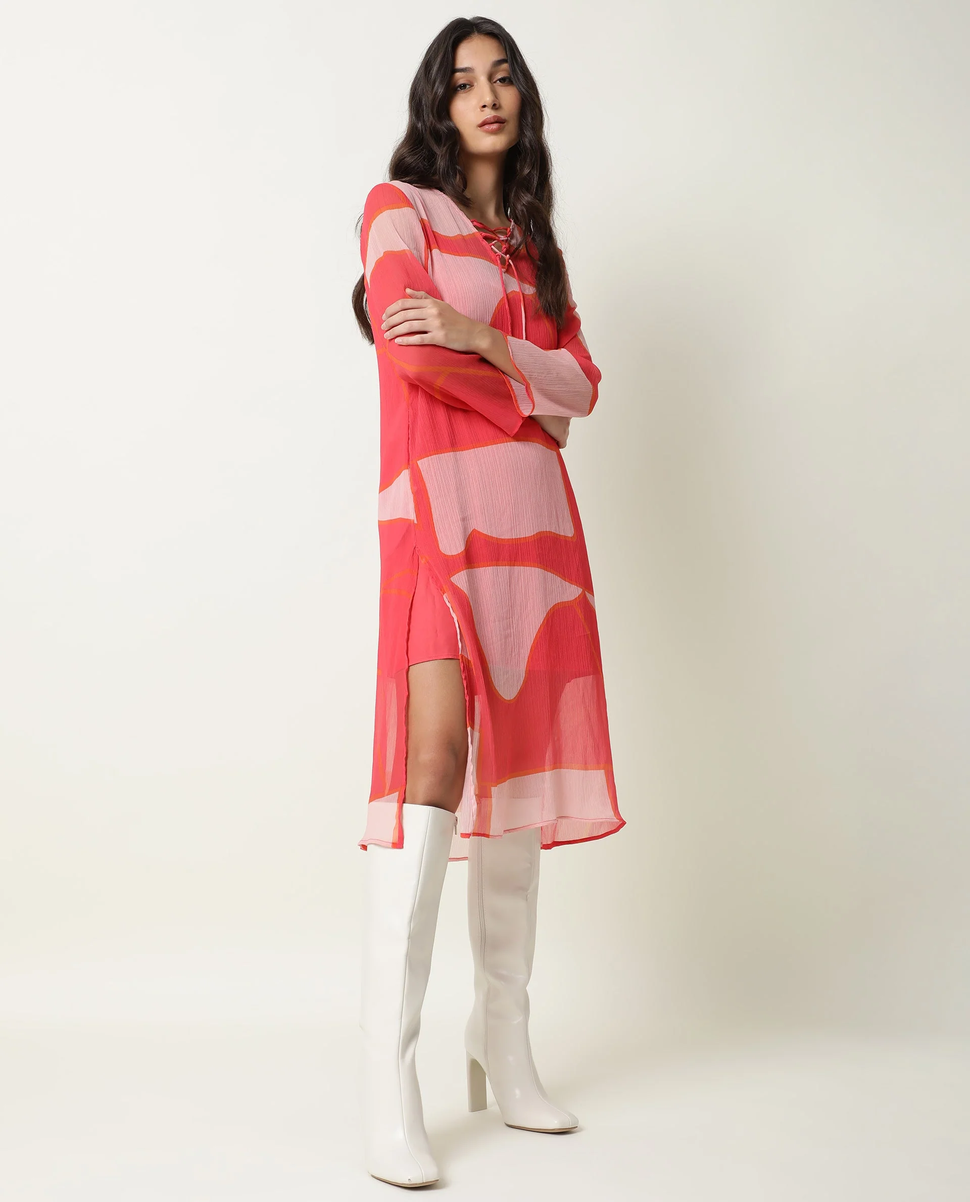 Rareism Women's Benett Pink V-Neck Abstract Print Knee Length Regular Fit Dress - Image 4