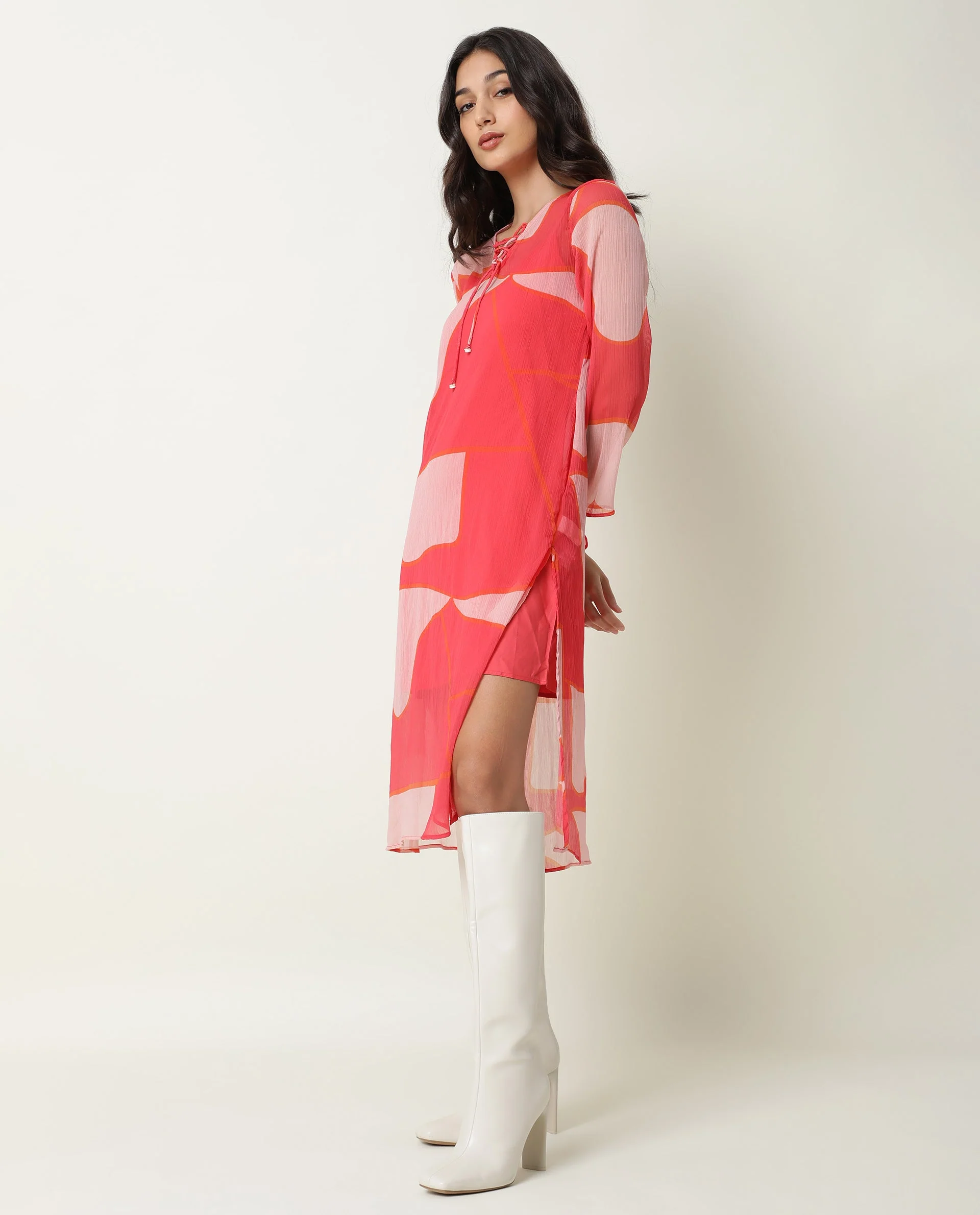 Rareism Women's Benett Pink V-Neck Abstract Print Knee Length Regular Fit Dress - Image 5