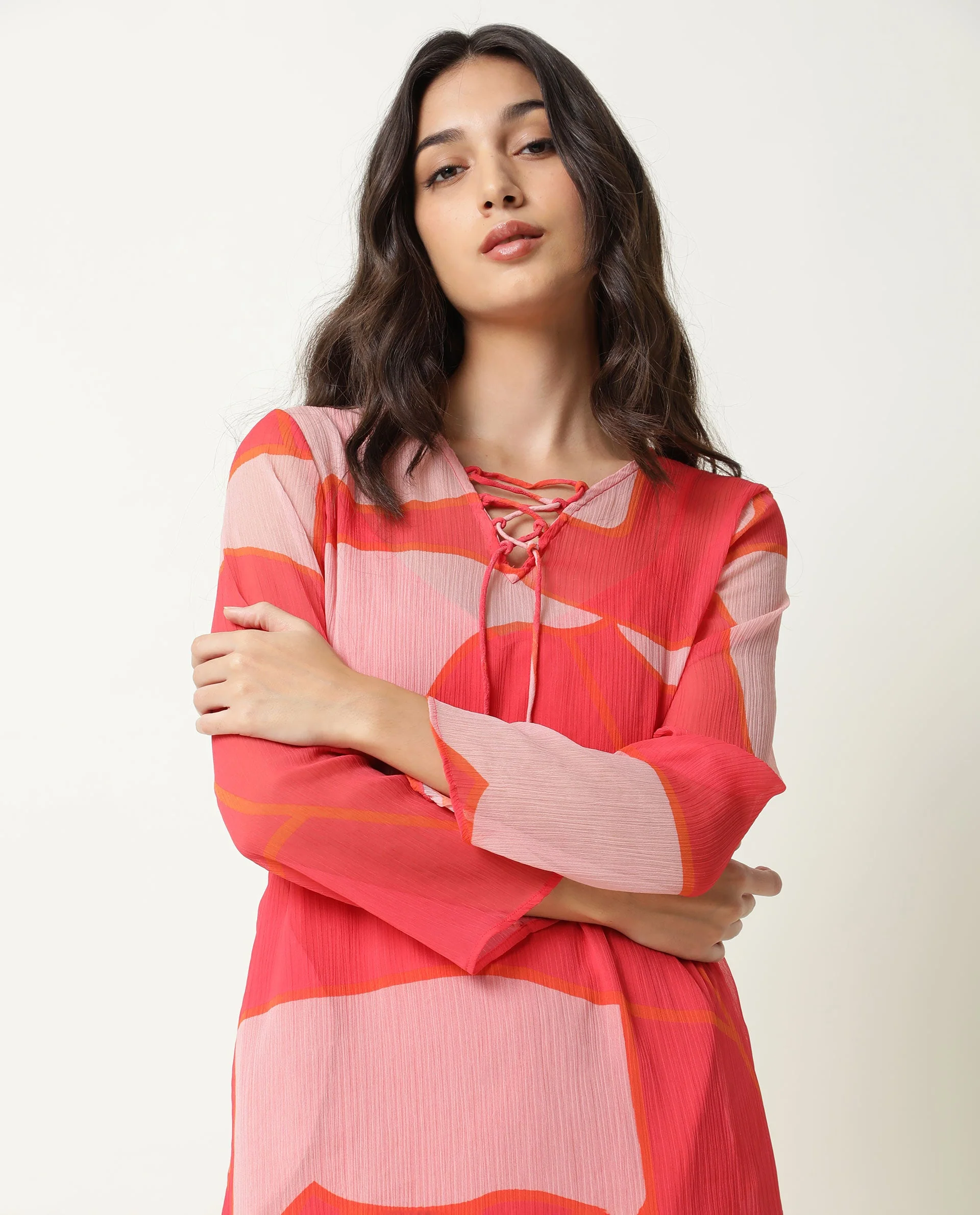 Rareism Women's Benett Pink V-Neck Abstract Print Knee Length Regular Fit Dress - Image 7