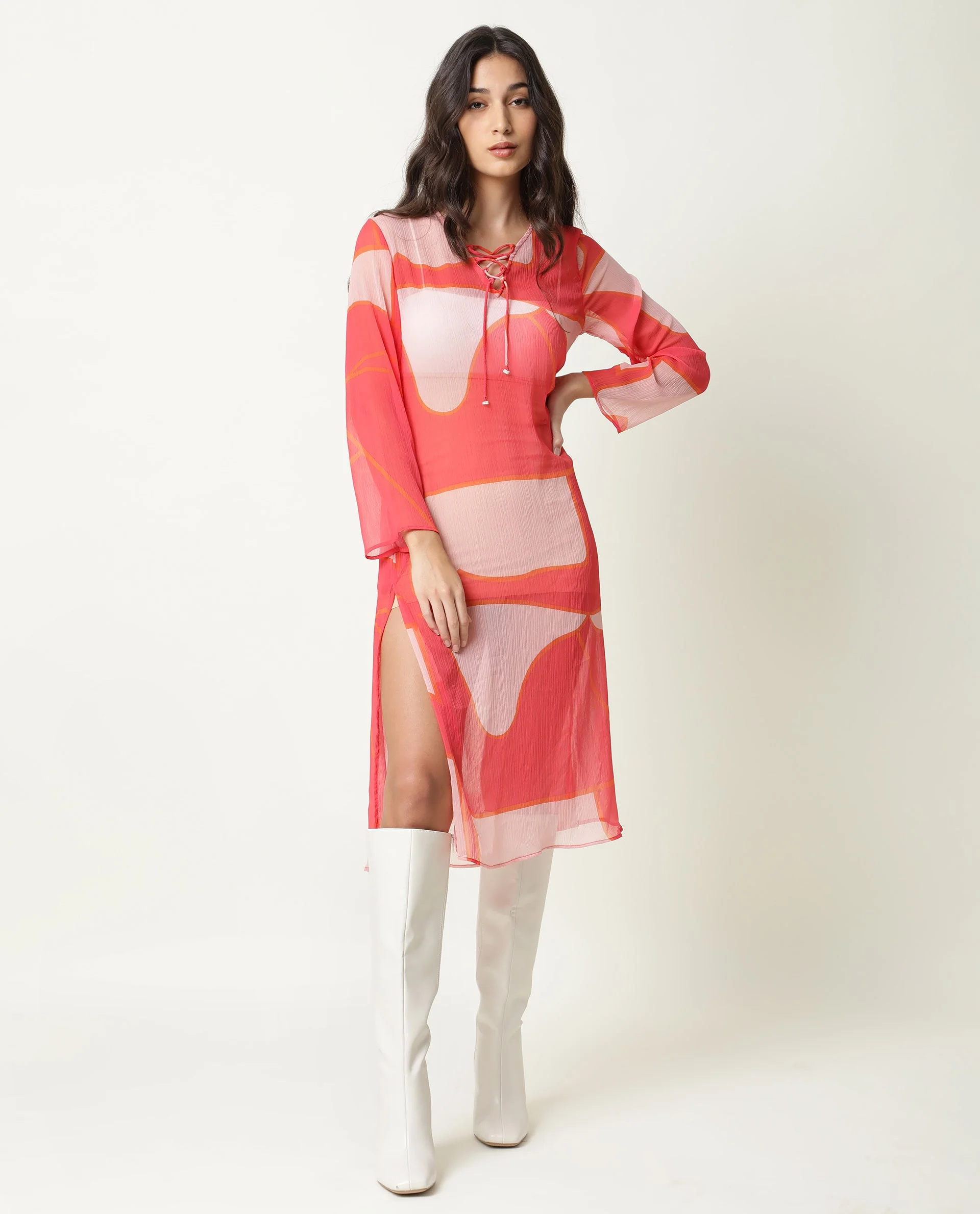 Rareism Women's Benett Pink V-Neck Abstract Print Knee Length Regular Fit Dress - Image 8