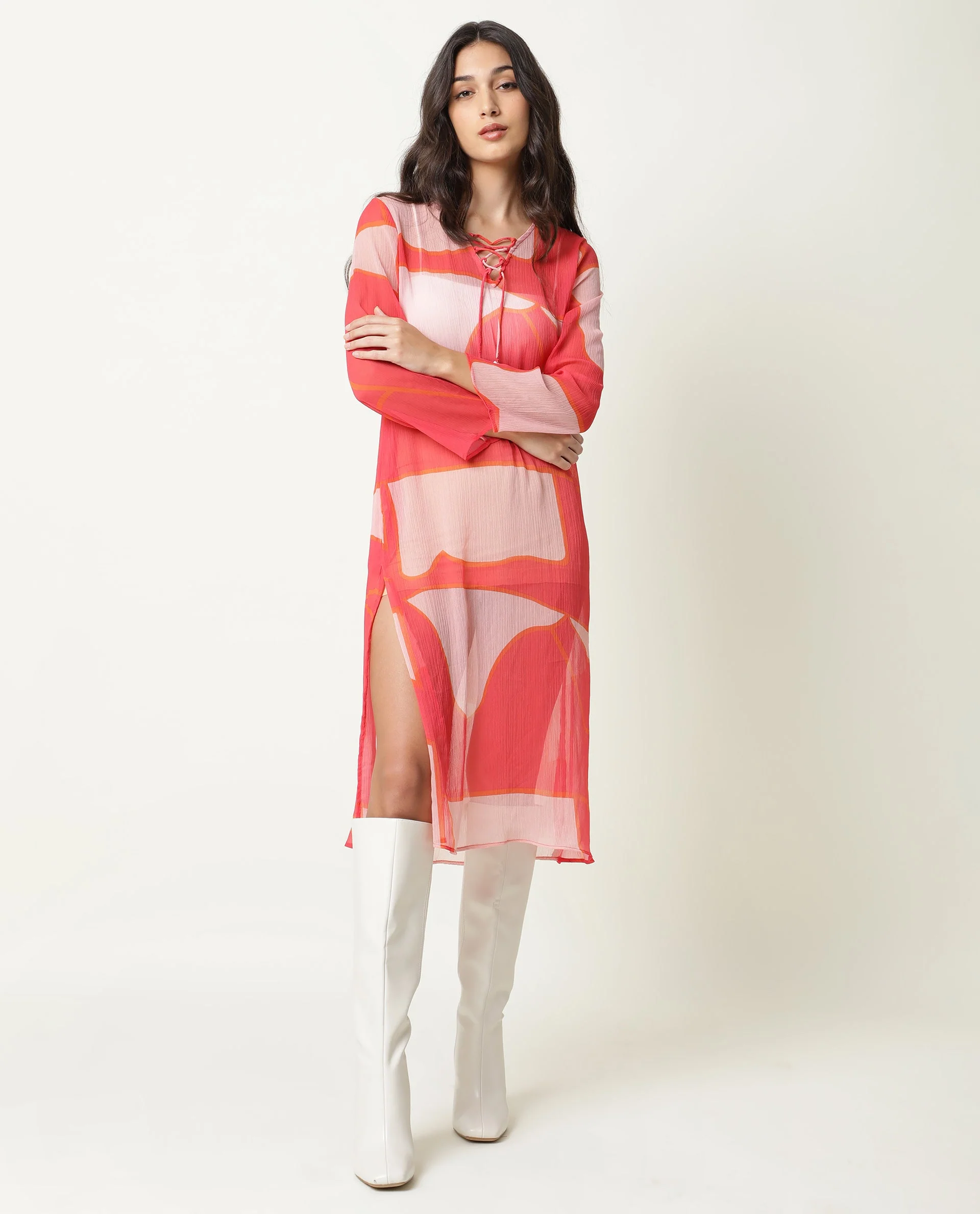 Rareism Women's Benett Pink V-Neck Abstract Print Knee Length Regular Fit Dress - Image 9