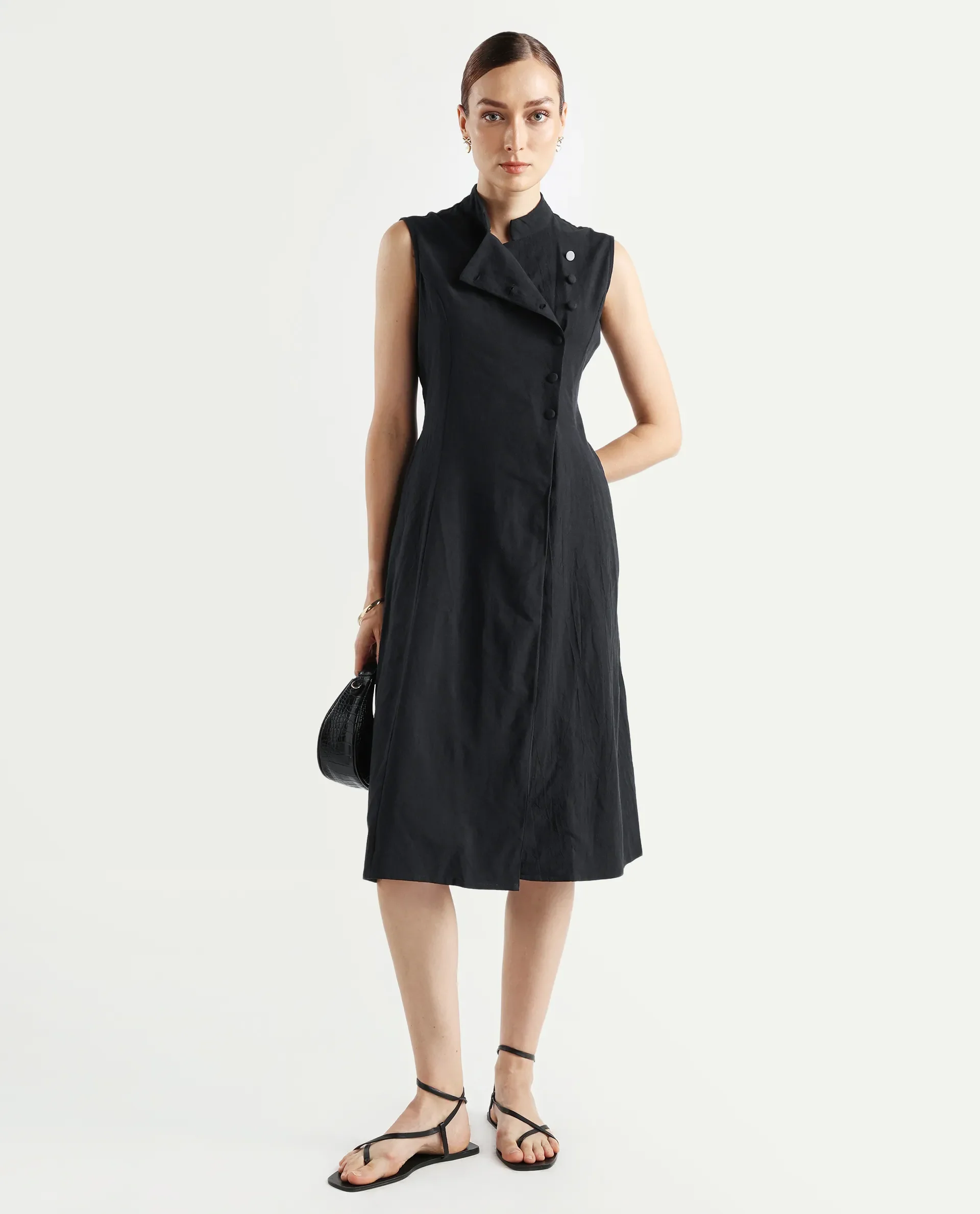 Rareism Women's Beniz Dark Black Cotton High Neck Plain Sleeveless Midi A-Line Dress
