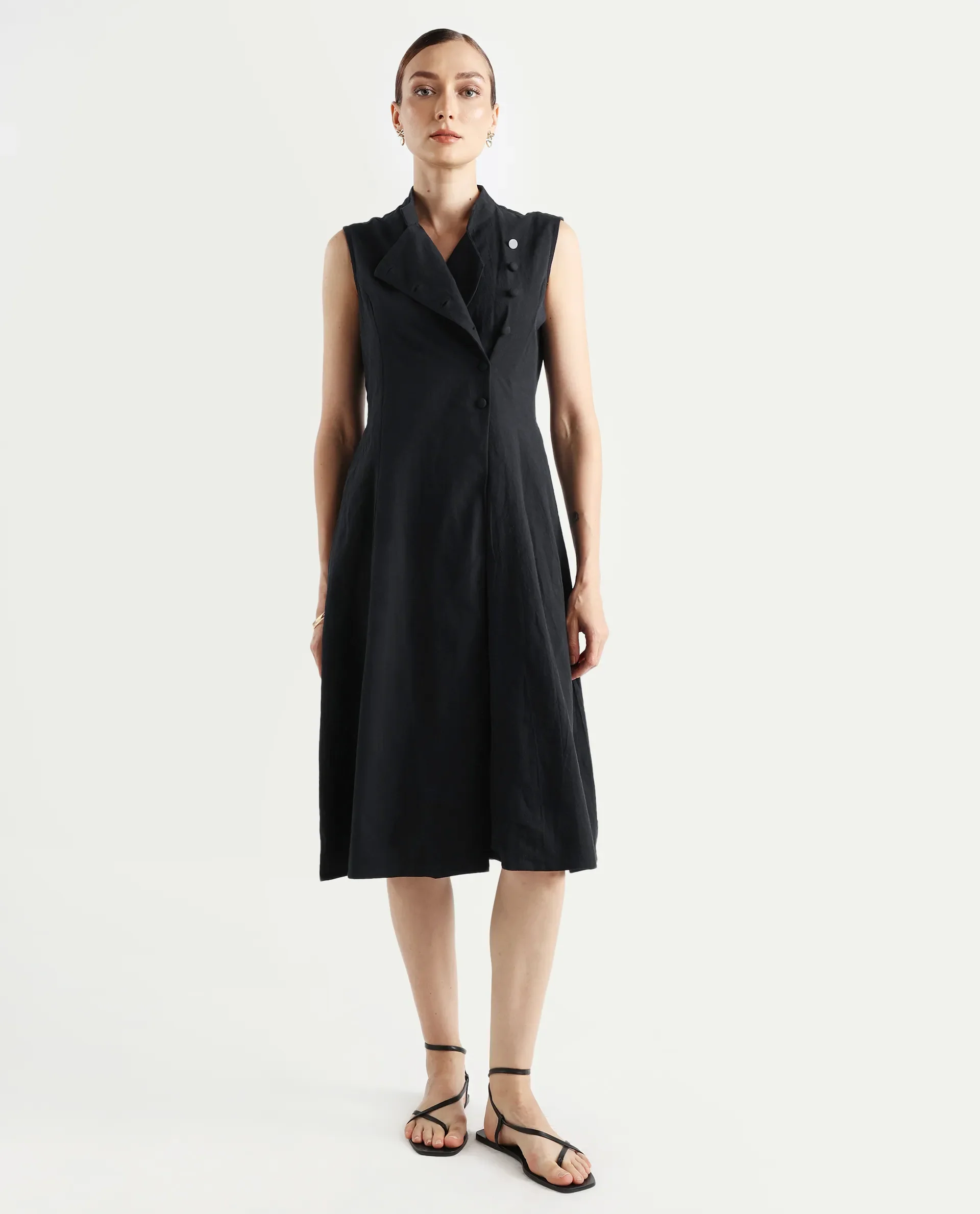 Rareism Women's Beniz Dark Black Cotton High Neck Plain Sleeveless Midi A-Line Dress - Image 2