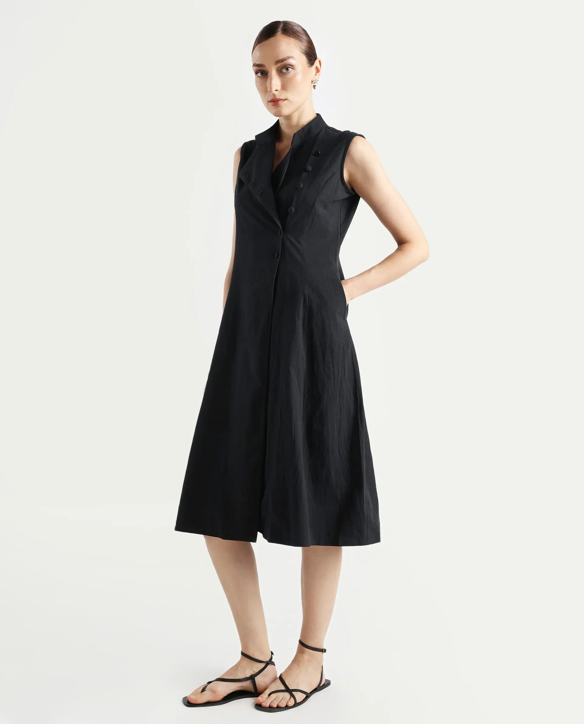 Rareism Women's Beniz Dark Black Cotton High Neck Plain Sleeveless Midi A-Line Dress - Image 3