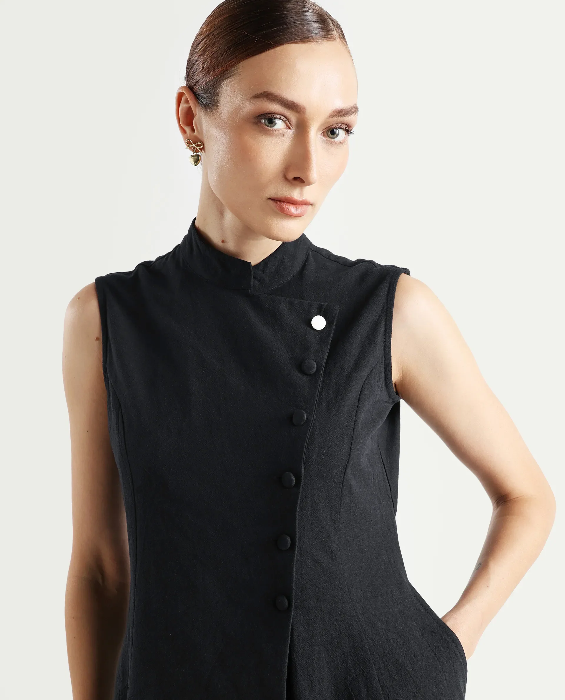 Rareism Women's Beniz Dark Black Cotton High Neck Plain Sleeveless Midi A-Line Dress - Image 4