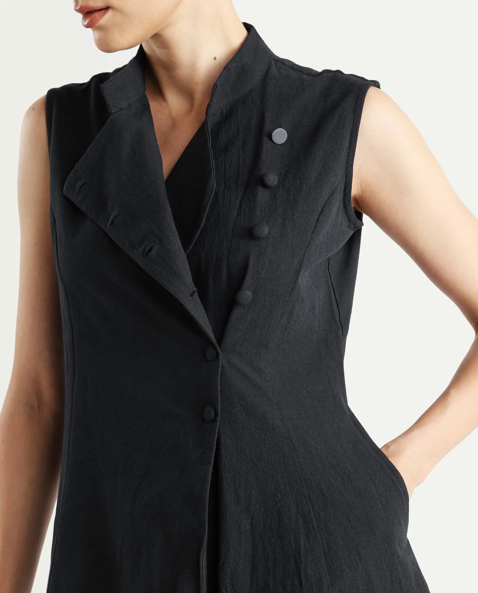 Rareism Women's Beniz Dark Black Cotton High Neck Plain Sleeveless Midi A-Line Dress - Image 5