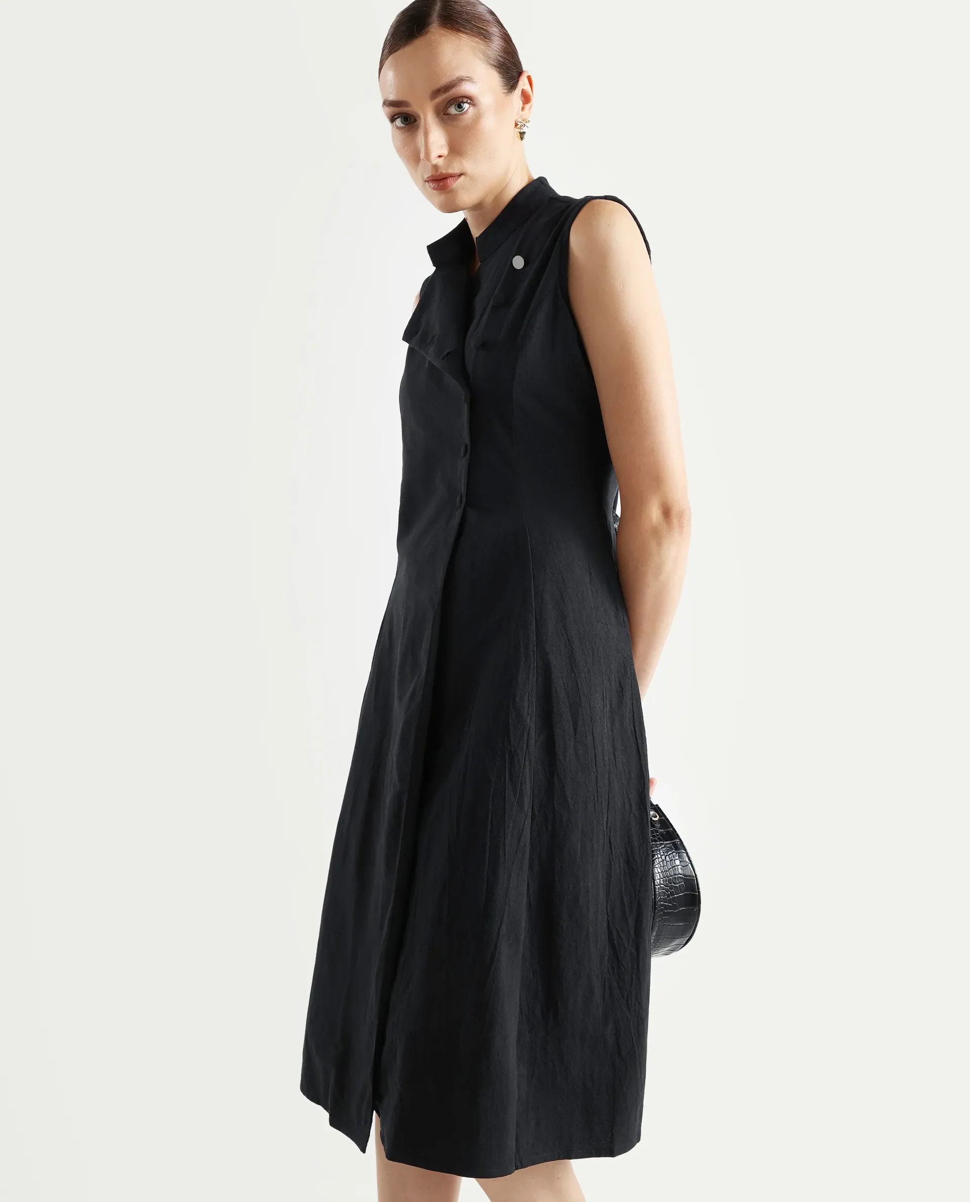 Rareism Women's Beniz Dark Black Cotton High Neck Plain Sleeveless Midi A-Line Dress - Image 6