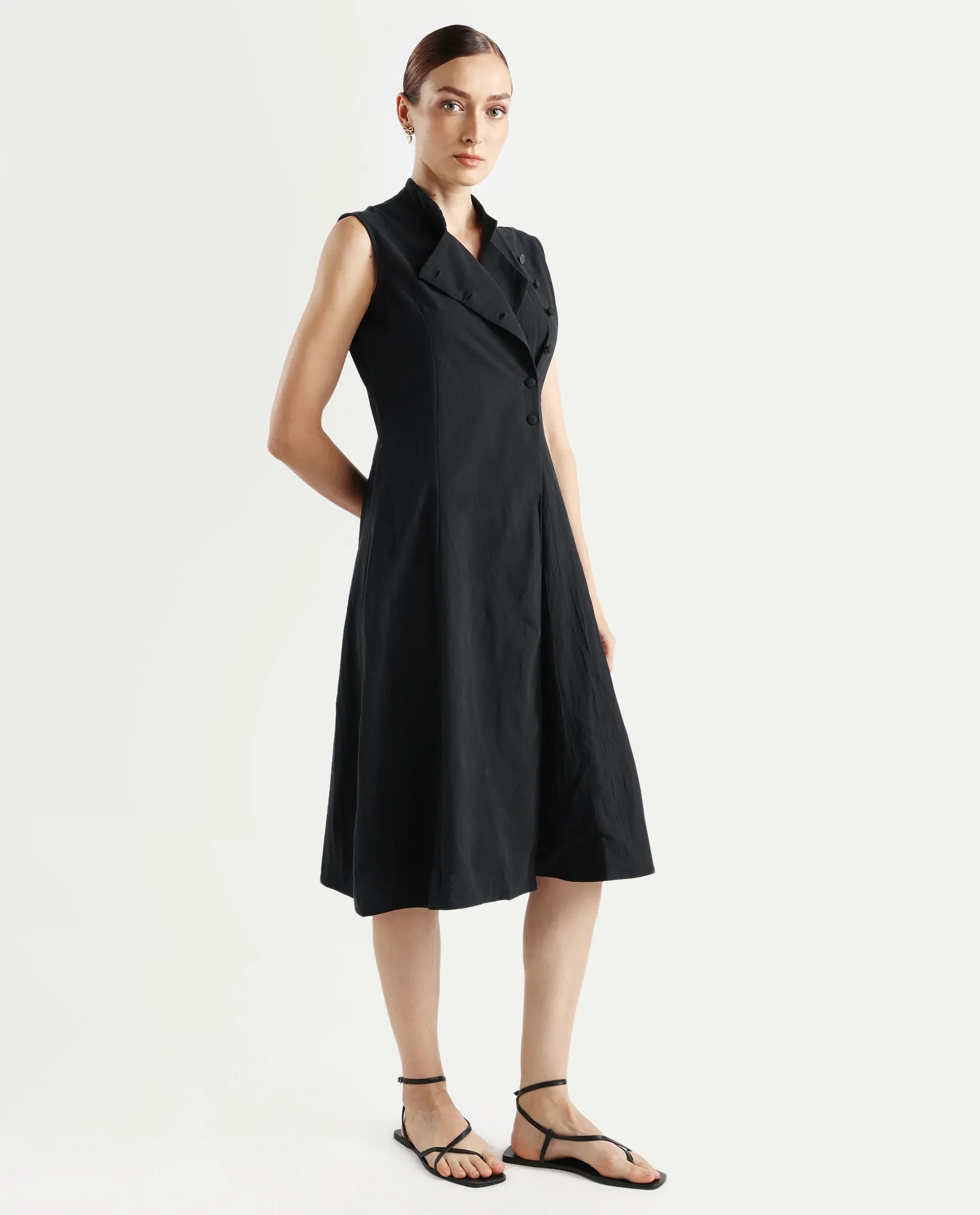 Rareism Women's Beniz Dark Black Cotton High Neck Plain Sleeveless Midi A-Line Dress - Image 7