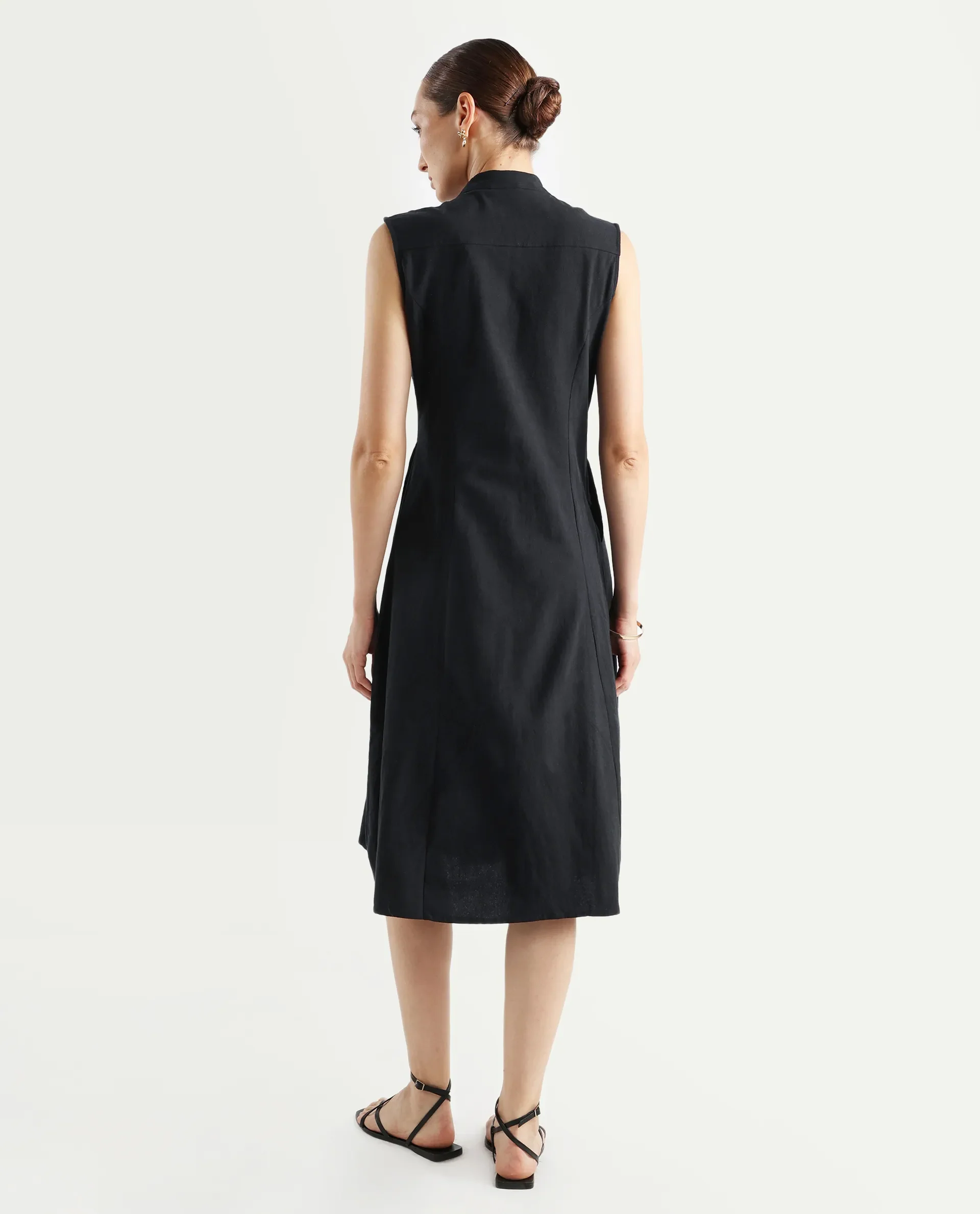 Rareism Women's Beniz Dark Black Cotton High Neck Plain Sleeveless Midi A-Line Dress - Image 8