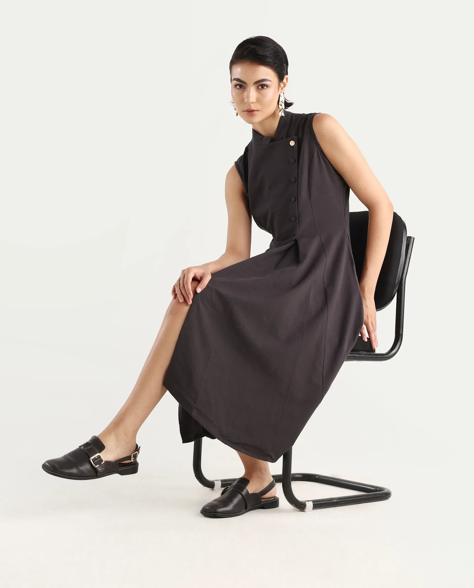 Rareism Women's Beniz Dark Brown Cotton High Neck Plain Sleeveless Midi A-Line Dress - Image 2