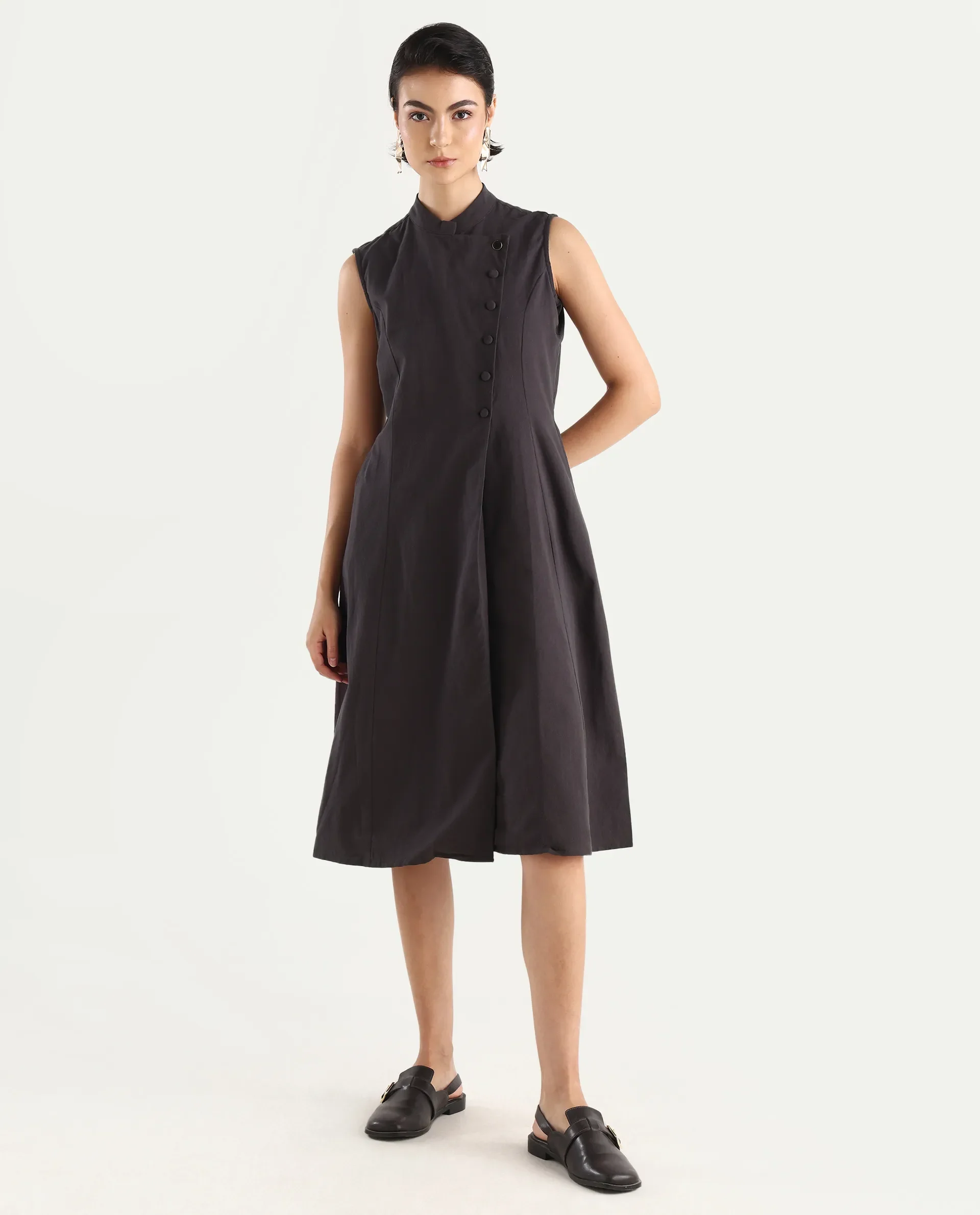 Rareism Women's Beniz Dark Brown Cotton High Neck Plain Sleeveless Midi A-Line Dress - Image 3