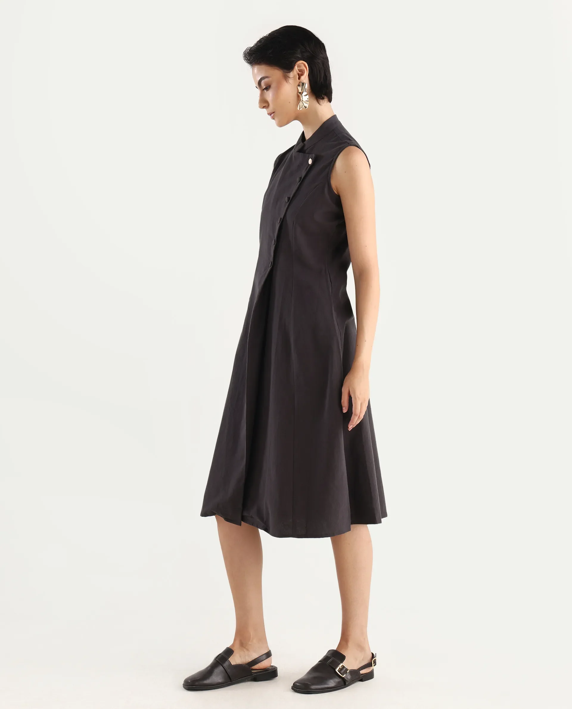Rareism Women's Beniz Dark Brown Cotton High Neck Plain Sleeveless Midi A-Line Dress - Image 6