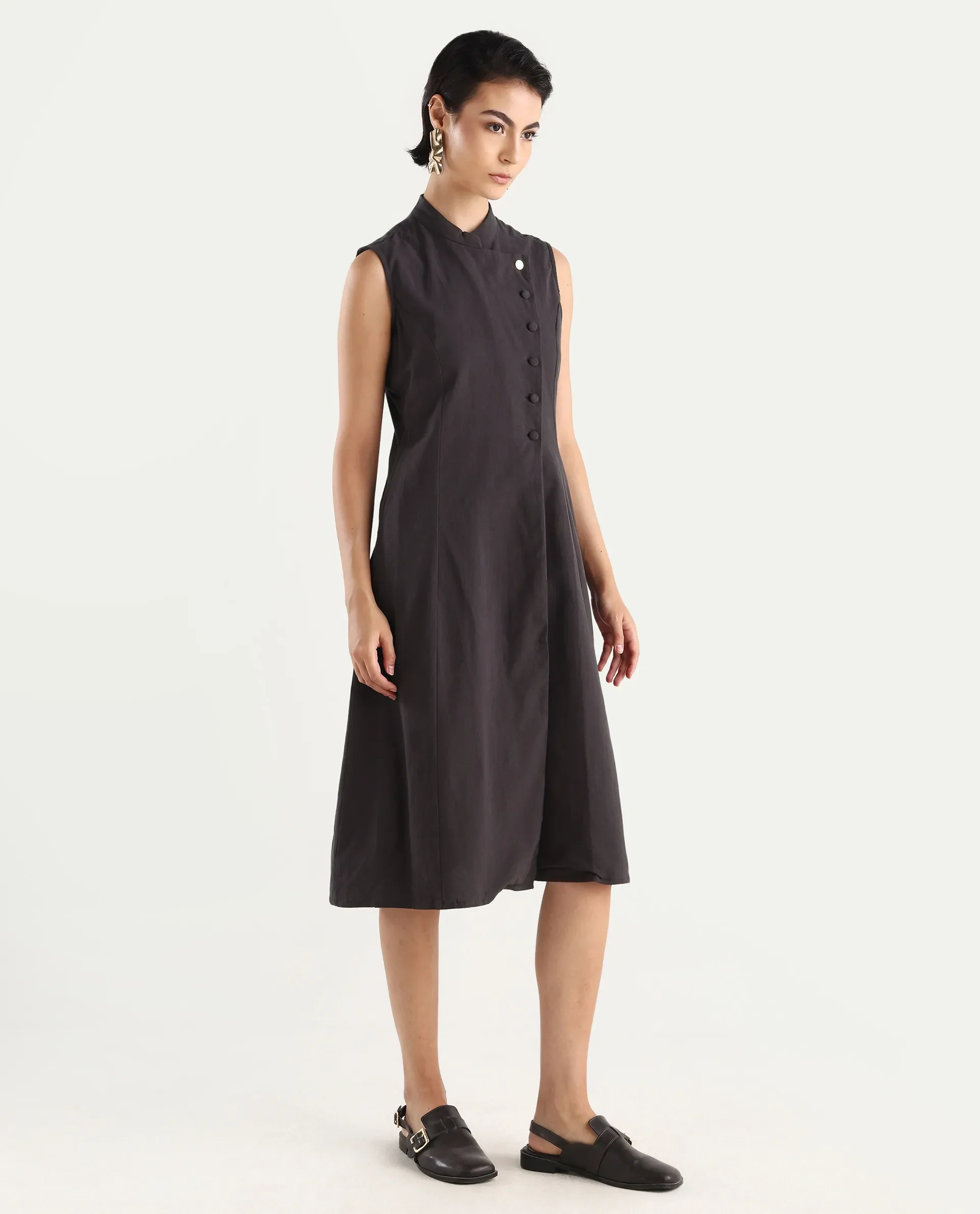 Rareism Women's Beniz Dark Brown Cotton High Neck Plain Sleeveless Midi A-Line Dress - Image 7