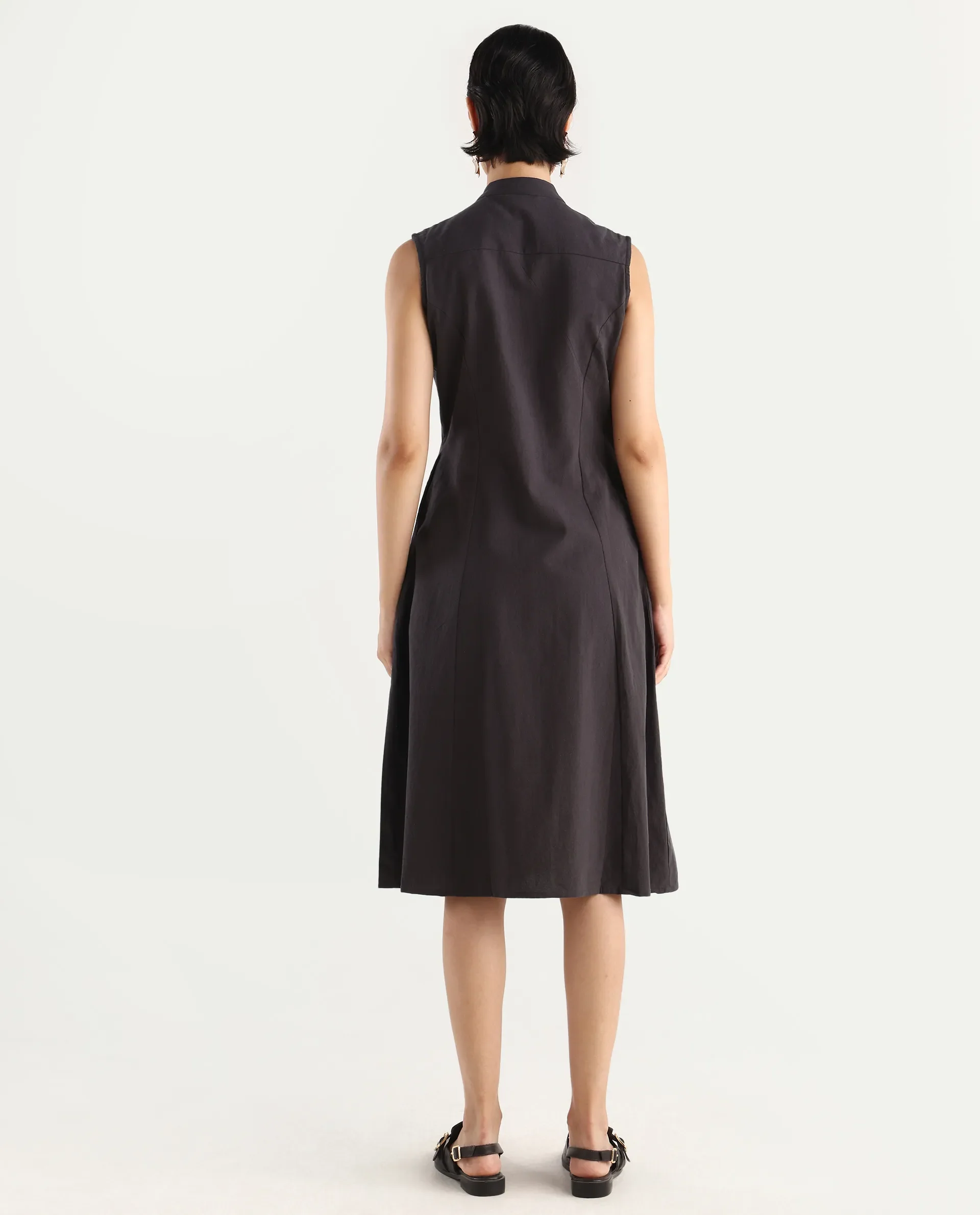 Rareism Women's Beniz Dark Brown Cotton High Neck Plain Sleeveless Midi A-Line Dress - Image 8