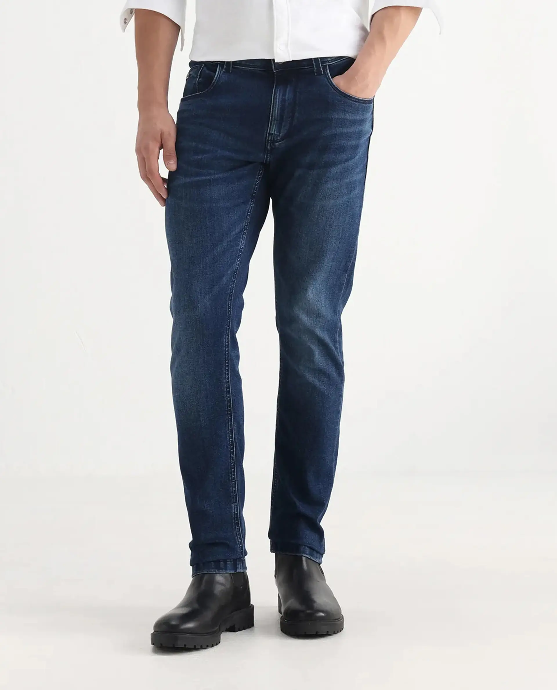 Rare Rabbit Men's Benn Blue Cotton Blend Plain Hawk Slim Fit Jeans - Image 10