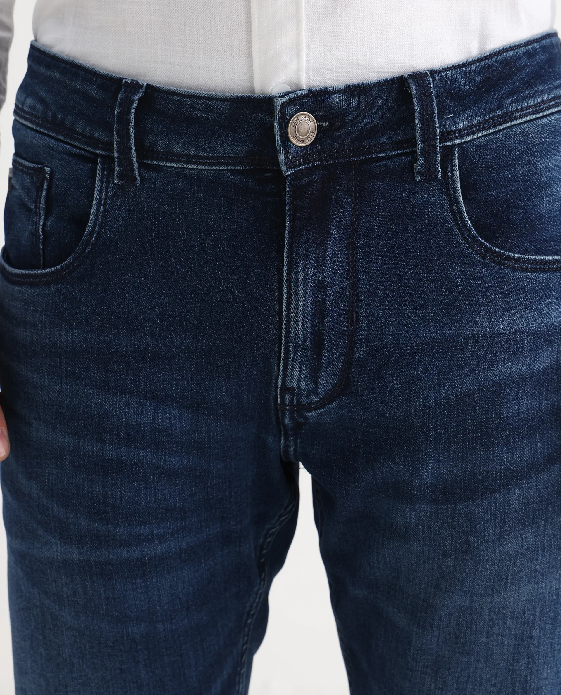 Rare Rabbit Men's Benn Blue Cotton Blend Plain Hawk Slim Fit Jeans - Image 4