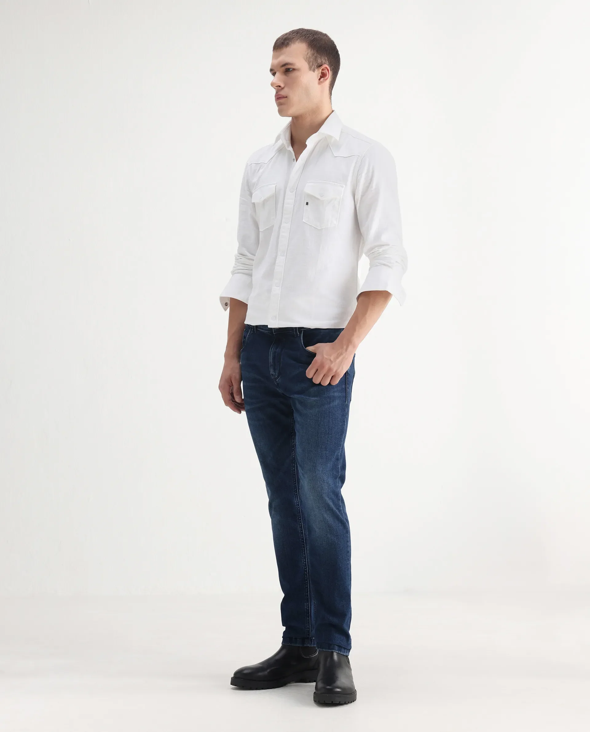 Rare Rabbit Men's Benn Blue Cotton Blend Plain Hawk Slim Fit Jeans - Image 5