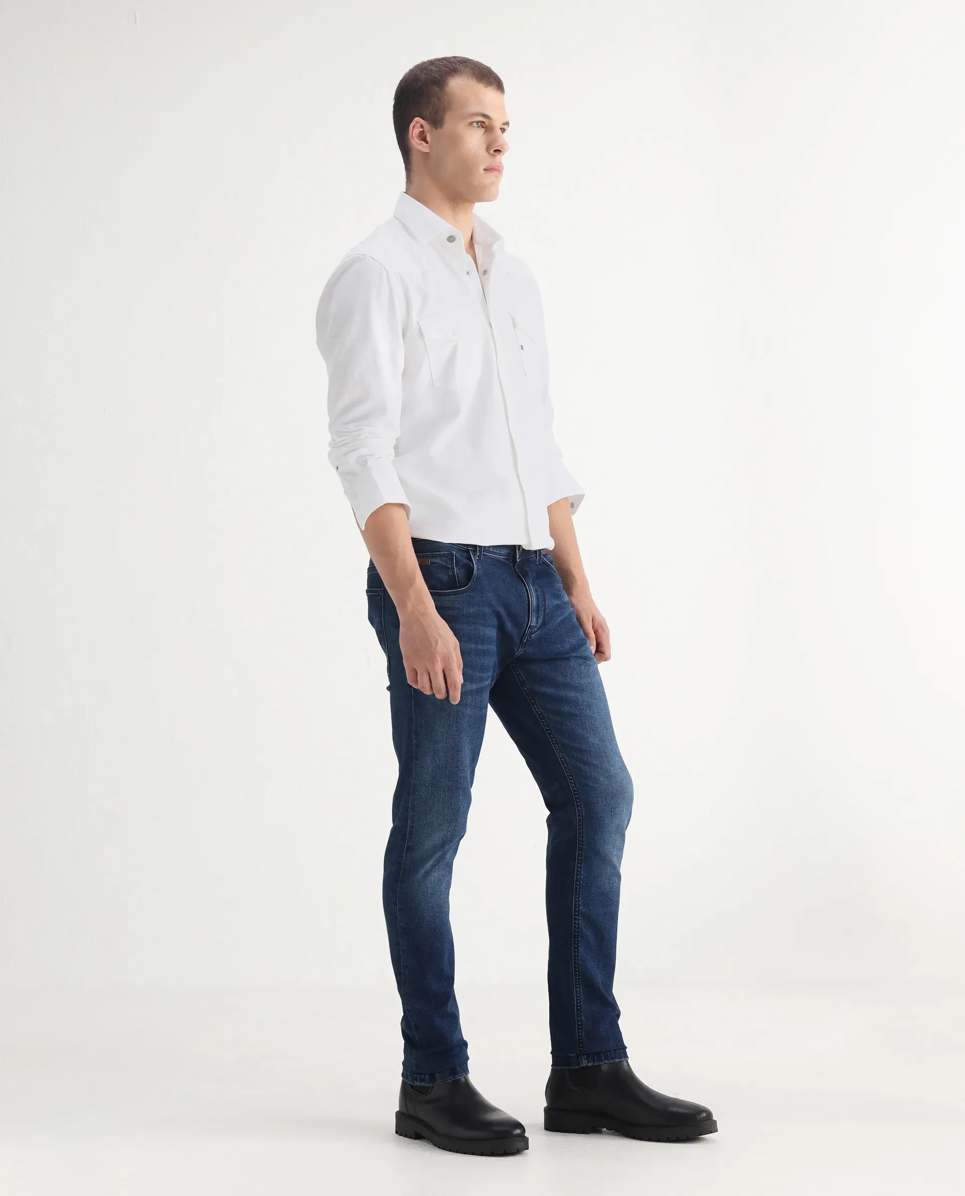 Rare Rabbit Men's Benn Blue Cotton Blend Plain Hawk Slim Fit Jeans - Image 7