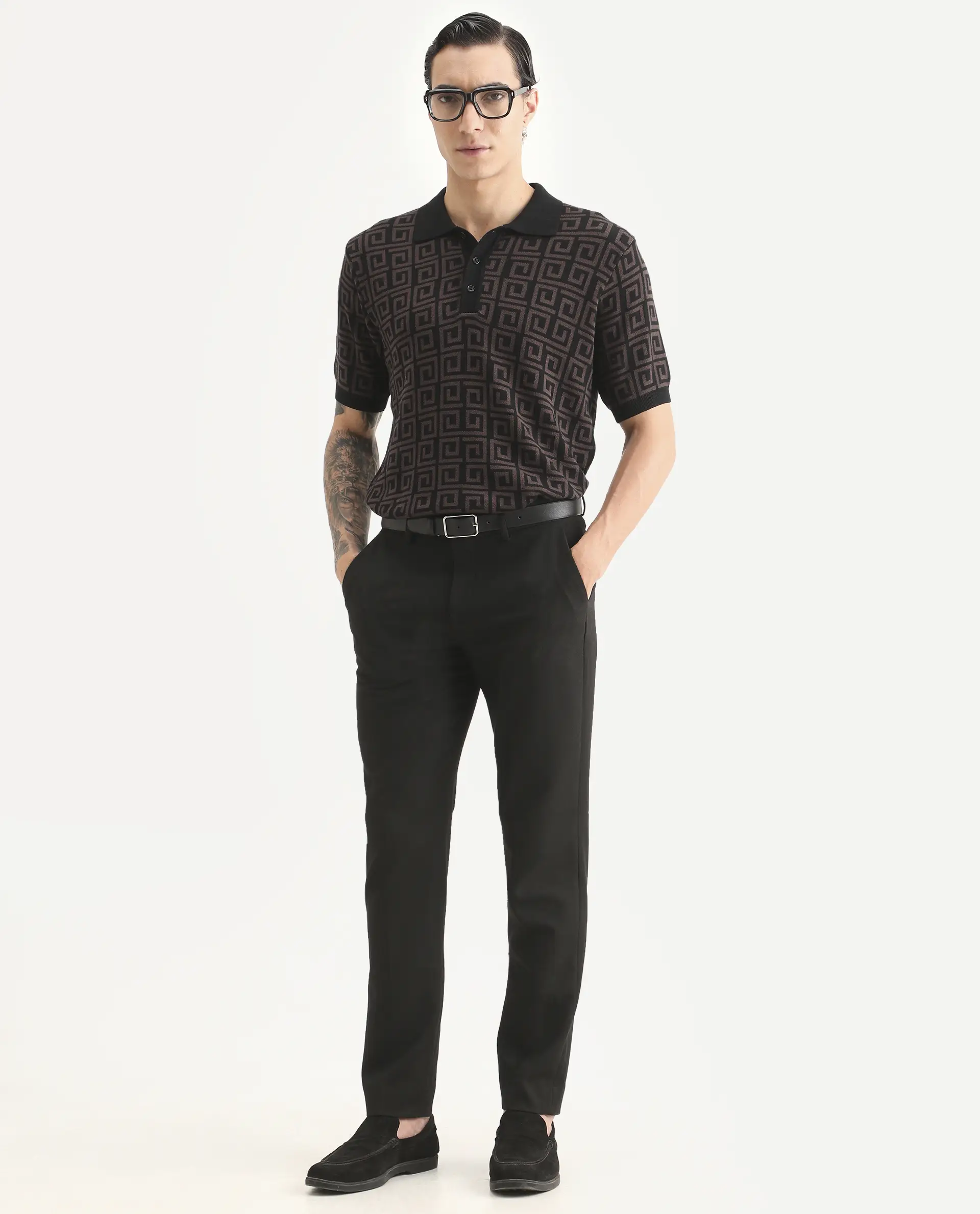 Rare Rabbit Men's Bennett Dark Brown Cotton Fabric Half Sleeve Regular Fit Geometric Print Polo - Image 2